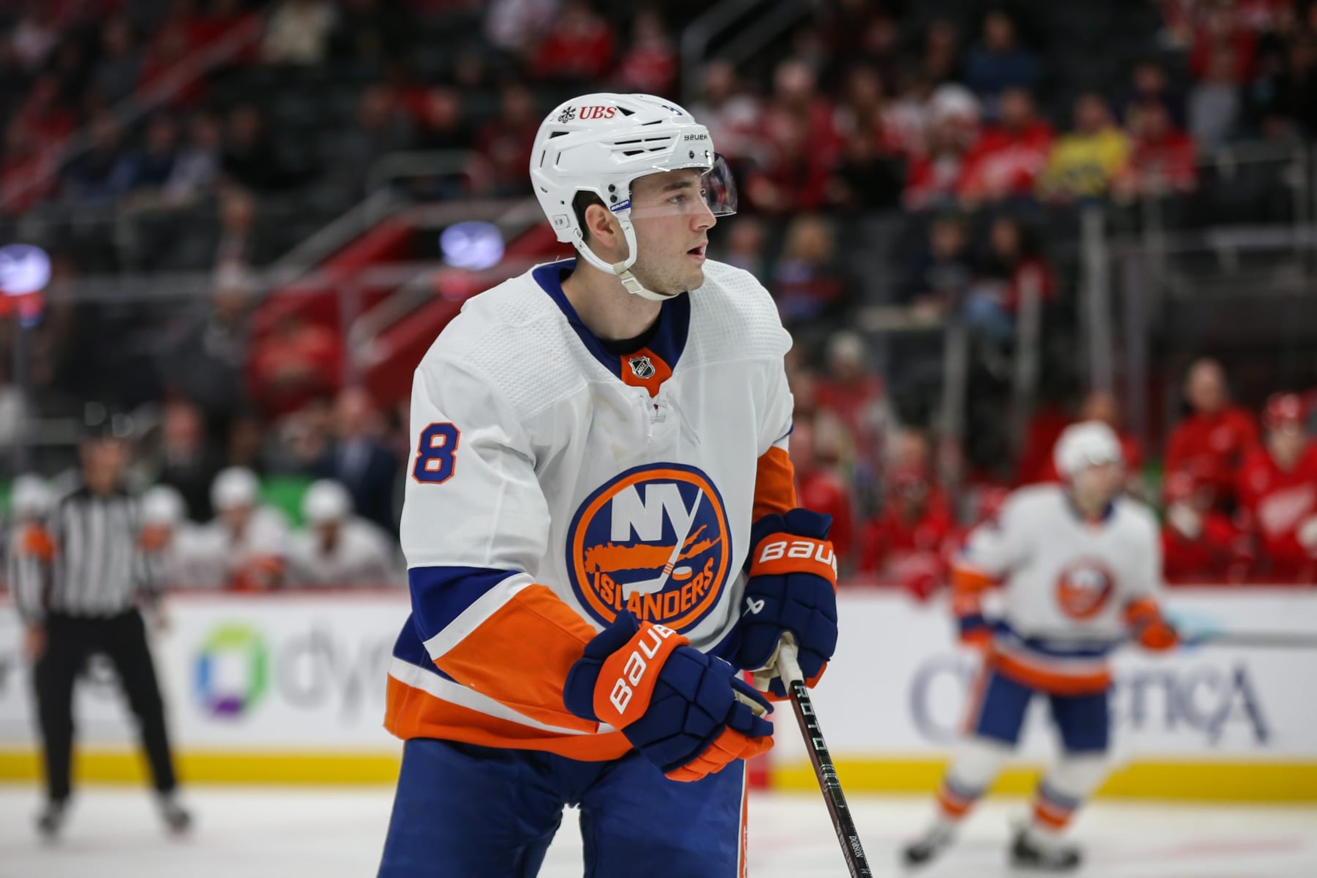 DETROIT, MI - MARCH 21: New York Islanders defenseman Noah Dobson (8) looks on during an NHL regular season hockey game between the New York Islanders and the Detroit Red Wings on March 21, 2024 at Little Caesars Arena in Detroit, Michigan. (Photo by Scott W. Grau/Icon Sportswire via Getty Images) DETROIT, MI - MARCH 21: New York Islanders defenseman Noah Dobson (8) looks on during an NHL regular season hockey game between the New York Islanders and the Detroit Red Wings on March 21, 2024 at Little Caesars Arena in Detroit, Michigan. (Photo by Scott W. Grau/Icon Sportswire via Getty Images)