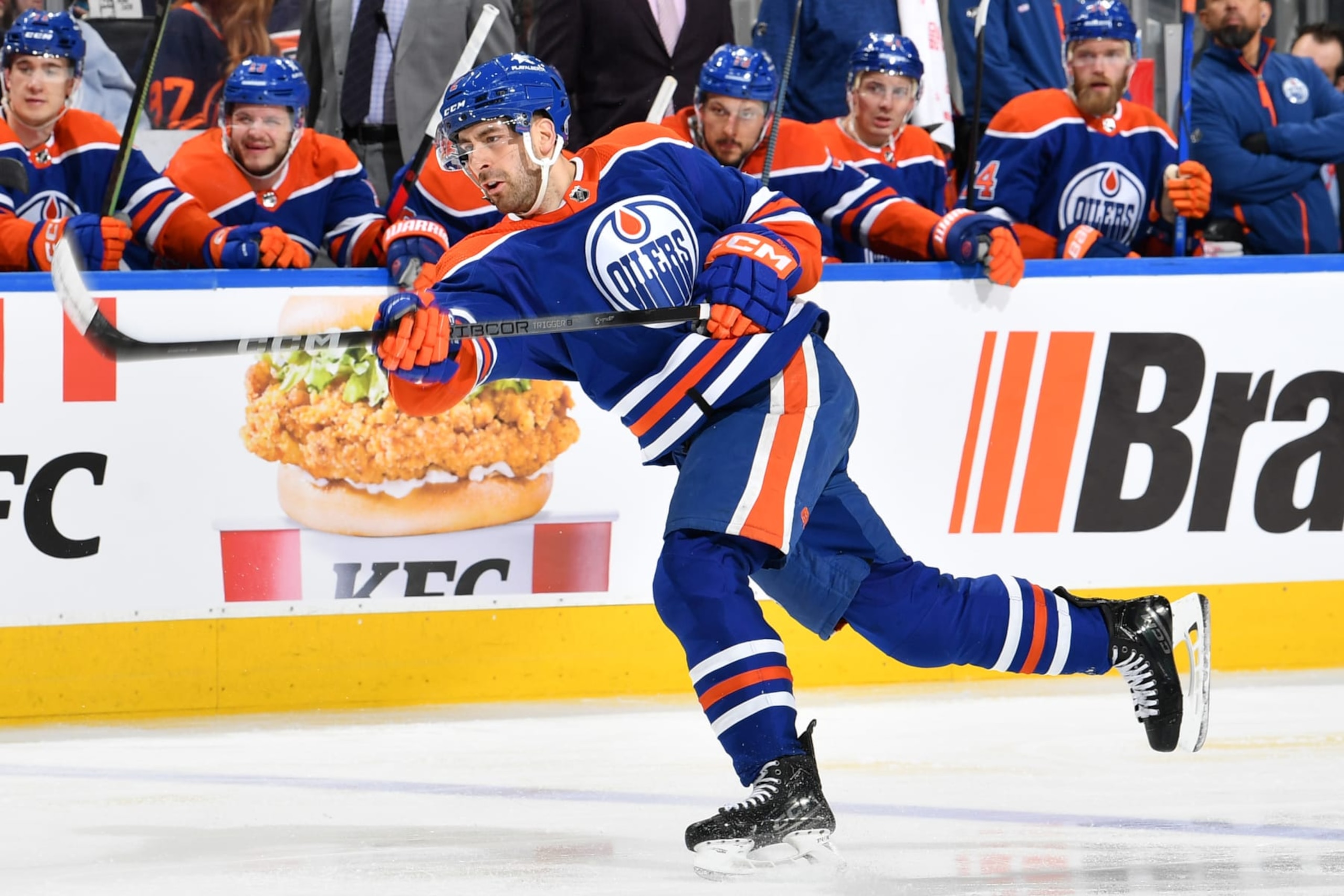 EDMONTON, CANADA - MARCH 30: Evan Bouchard #2 of the Edmonton Oilers follows through on a slap-shot during the game against the Anaheim Ducks at Rogers Place on March 30, 2024, in Edmonton, Alberta, Canada. (Photo by Andy Devlin/NHLI via Getty Images) EDMONTON, CANADA - MARCH 30: Evan Bouchard #2 of the Edmonton Oilers follows through on a slap-shot during the game against the Anaheim Ducks at Rogers Place on March 30, 2024, in Edmonton, Alberta, Canada. (Photo by Andy Devlin/NHLI via Getty Images)