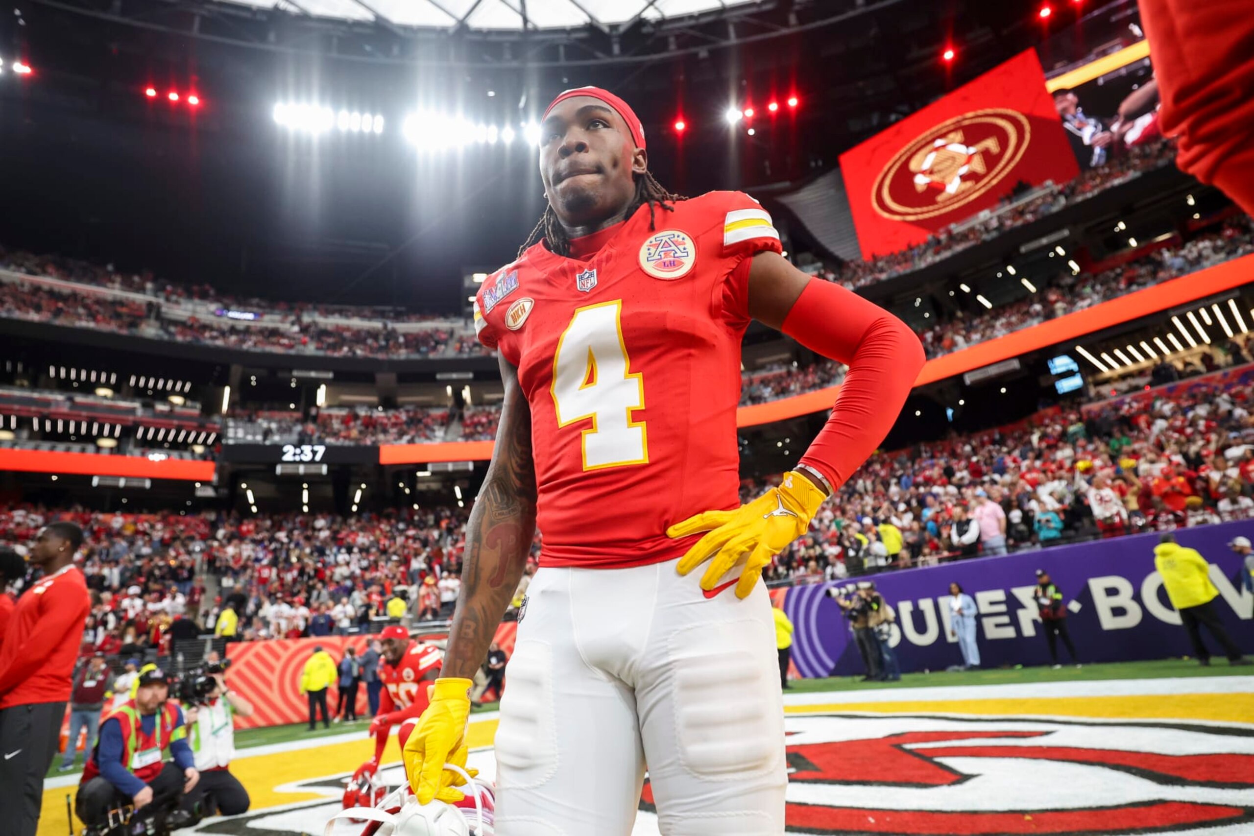 LAS VEGAS, NV - FEBRUARY 11: Rashee Rice #4 of the Kansas City Chiefs prior to Super Bowl LVIII against the San Francisco 49ers at Allegiant Stadium on February 11, 2024 in Las Vegas, NV. (Photo by Perry Knotts/Getty Images)