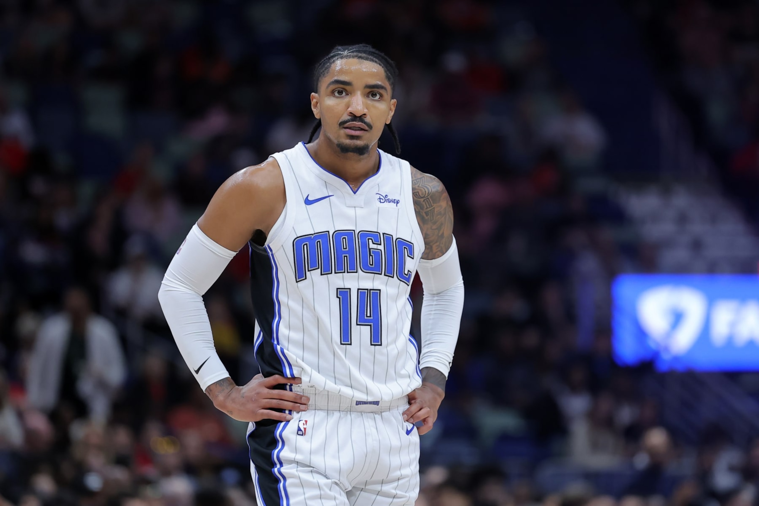 NEW ORLEANS, LOUISIANA - APRIL 03: Gary Harris #14 of the Orlando Magic reacts against the New Orleans Pelicans during a game at the Smoothie King Center on April 03, 2024 in New Orleans, Louisiana. NOTE TO USER: User expressly acknowledges and agrees that, by downloading and or using this Photograph, user is consenting to the terms and conditions of the Getty Images License Agreement. (Photo by Jonathan Bachman/Getty Images)