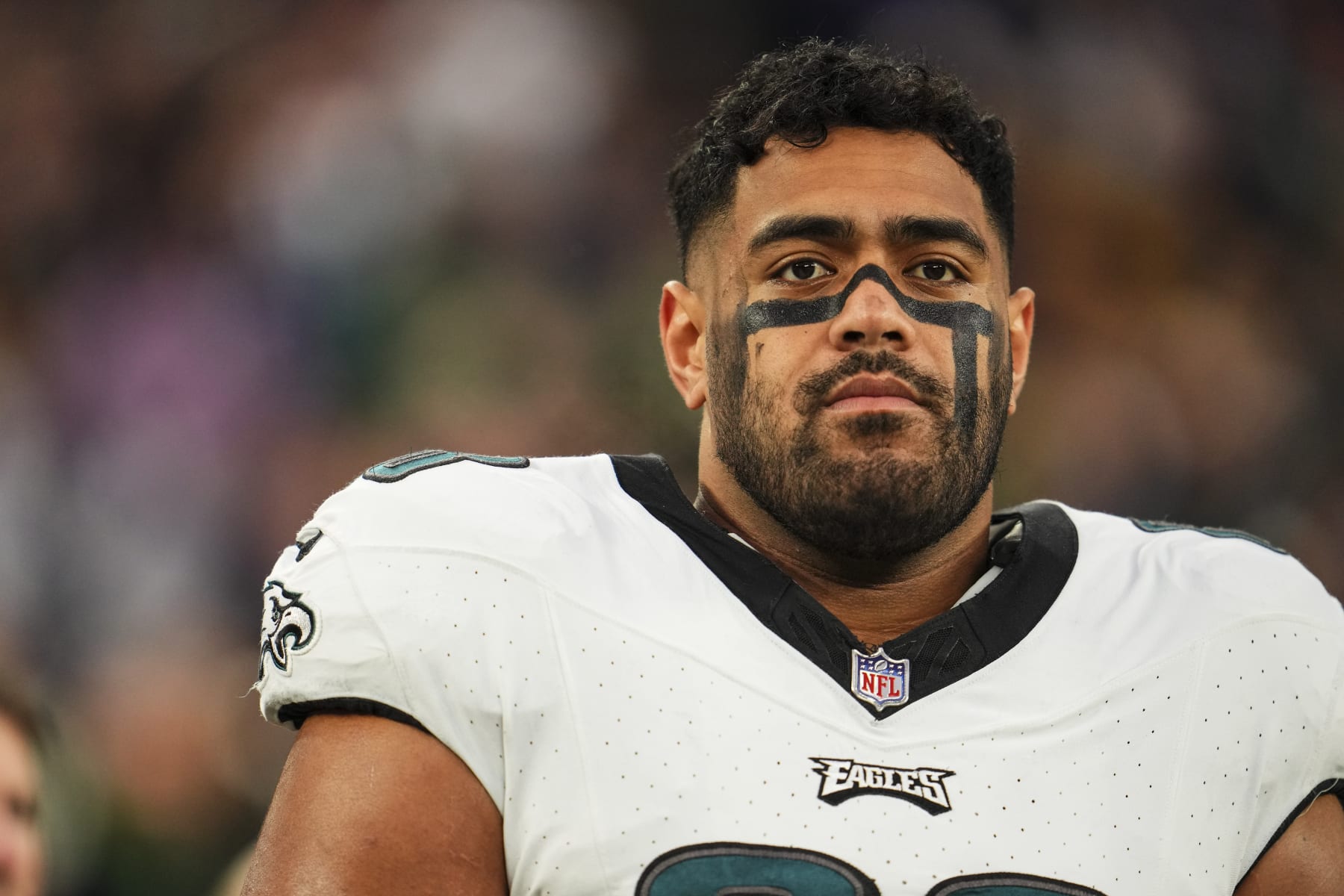 EAST RUTHERFORD, NJ - JANUARY 07: Jordan Mailata #68 of the Philadelphia Eagles looks on from the sideline prior to an NFL football game against the New York Giants at MetLife Stadium on January 7, 2024 in East Rutherford, New Jersey. (Photo by Cooper Neill/Getty Images)