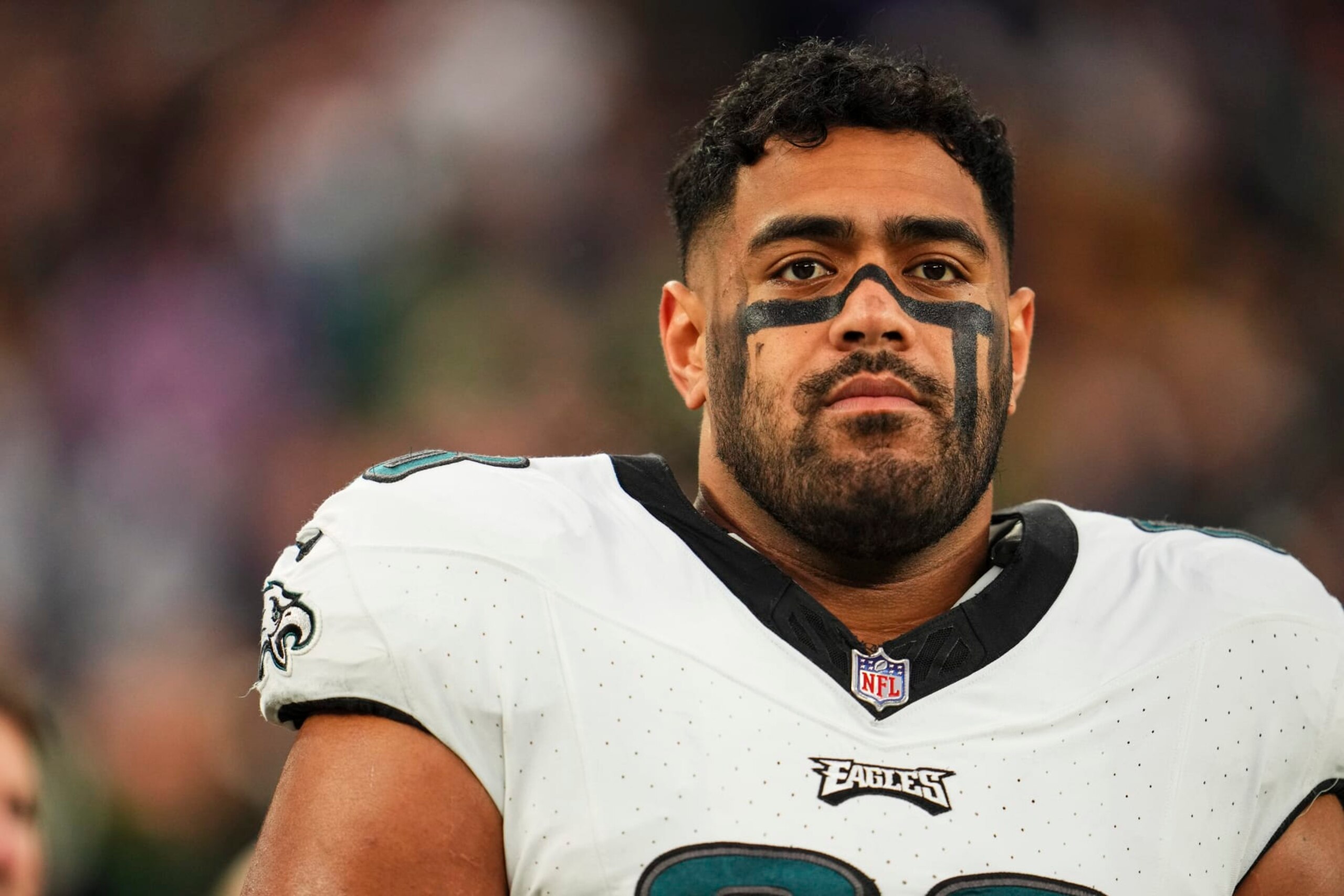 EAST RUTHERFORD, NJ - JANUARY 07: Jordan Mailata #68 of the Philadelphia Eagles looks on from the sideline prior to an NFL football game against the New York Giants at MetLife Stadium on January 7, 2024 in East Rutherford, New Jersey. (Photo by Cooper Neill/Getty Images) EAST RUTHERFORD, NJ - JANUARY 07: Jordan Mailata #68 of the Philadelphia Eagles looks on from the sideline prior to an NFL football game against the New York Giants at MetLife Stadium on January 7, 2024 in East Rutherford, New Jersey. (Photo by Cooper Neill/Getty Images)