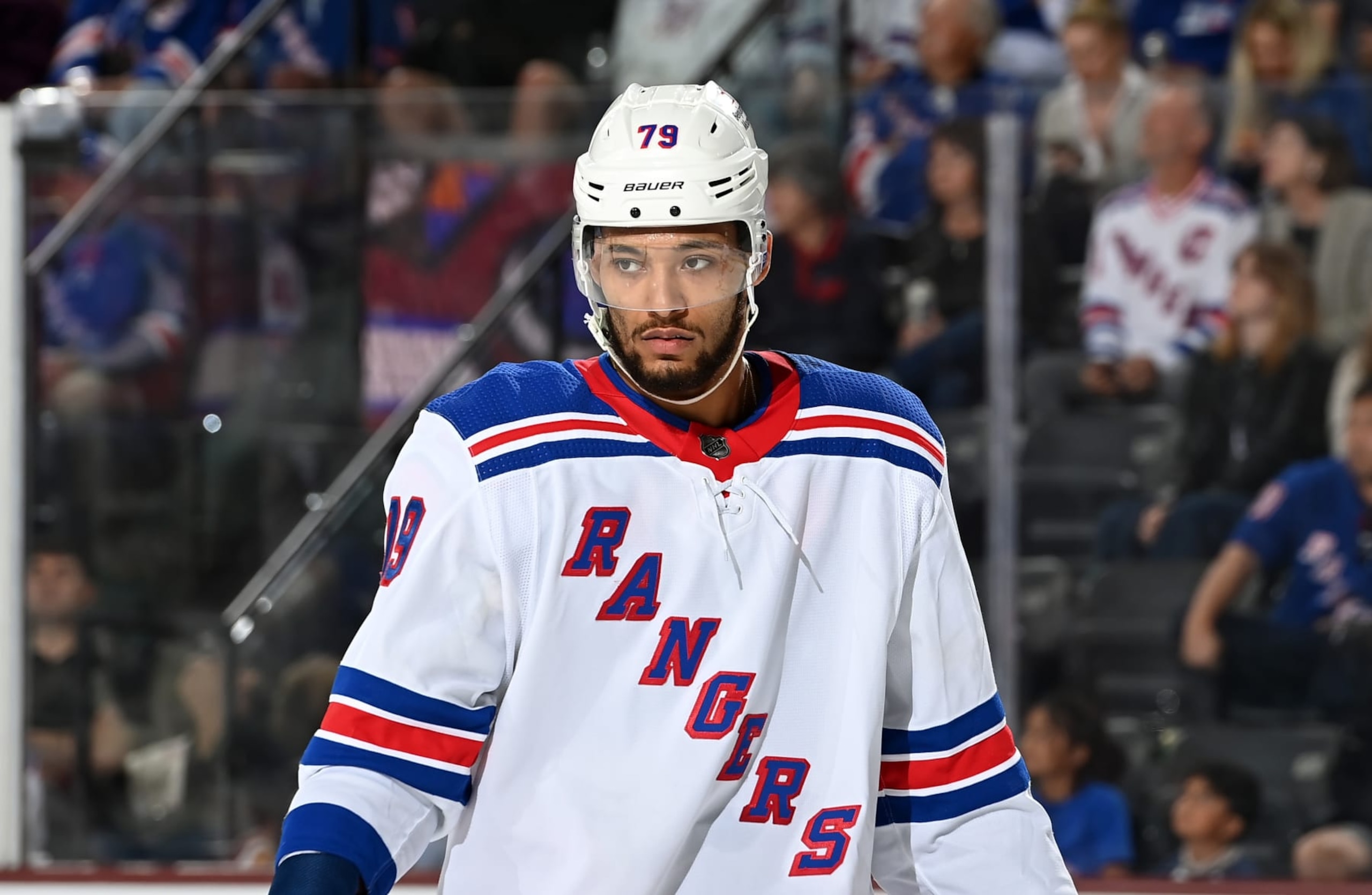 TEMPE, ARIZONA - MARCH 30: K'Andre Miller #79 of the New York Rangers get ready during a face off against the Arizona Coyotes at Mullett Arena on March 30, 2024 in Tempe, Arizona. (Photo by Norm Hall/NHLI via Getty Images) TEMPE, ARIZONA - MARCH 30: K'Andre Miller #79 of the New York Rangers get ready during a face off against the Arizona Coyotes at Mullett Arena on March 30, 2024 in Tempe, Arizona. (Photo by Norm Hall/NHLI via Getty Images)