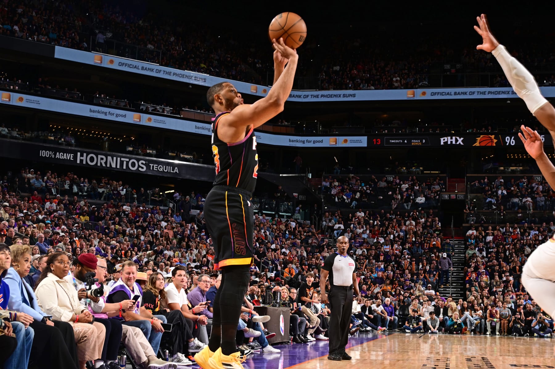 PHOENIX, AZ - APRIL  3: Eric Gordon #23 of the Phoenix Suns shoots a three point basket during the game against the Cleveland Cavaliers on April 3, 2024 at Footprint Center in Phoenix, Arizona. NOTE TO USER: User expressly acknowledges and agrees that, by downloading and or using this photograph, user is consenting to the terms and conditions of the Getty Images License Agreement. Mandatory Copyright Notice: Copyright 2024 NBAE (Photo by Kate Frese/NBAE via Getty Images)