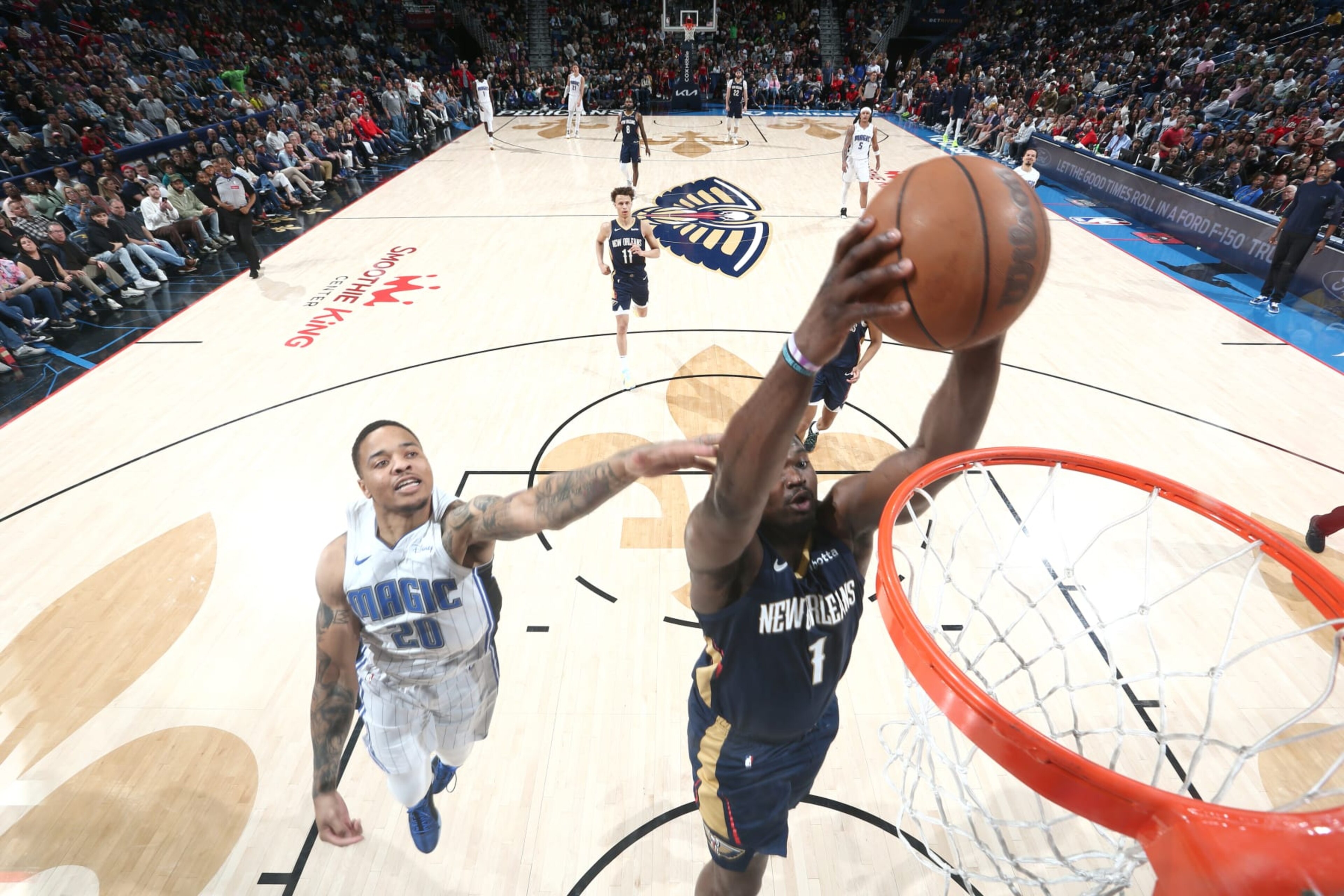 NEW ORLEANS, LA - APRIL 3: Zion Williamson #1 of the New Orleans Pelicans dunks the ball during the game against the Orlando Magic on April 3, 2024 at the Smoothie King Center in New Orleans, Louisiana. NOTE TO USER: User expressly acknowledges and agrees that, by downloading and or using this Photograph, user is consenting to the terms and conditions of the Getty Images License Agreement. Mandatory Copyright Notice: Copyright 2024 NBAE (Photo by Layne Murdoch Jr./NBAE via Getty Images) NEW ORLEANS, LA - APRIL 3: Zion Williamson #1 of the New Orleans Pelicans dunks the ball during the game against the Orlando Magic on April 3, 2024 at the Smoothie King Center in New Orleans, Louisiana. NOTE TO USER: User expressly acknowledges and agrees that, by downloading and or using this Photograph, user is consenting to the terms and conditions of the Getty Images License Agreement. Mandatory Copyright Notice: Copyright 2024 NBAE (Photo by Layne Murdoch Jr./NBAE via Getty Images)