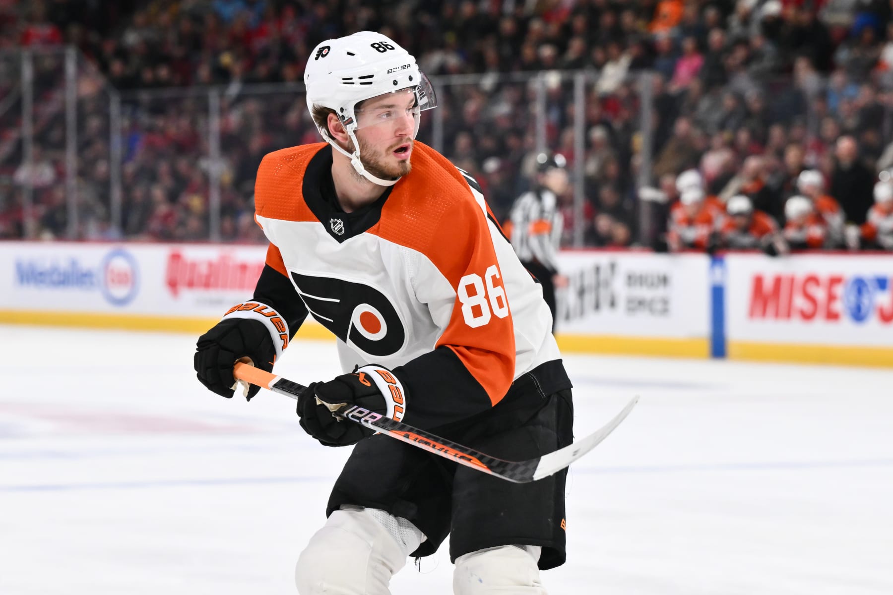 MONTREAL, CANADA - MARCH 28:  Joel Farabee #86 of the Philadelphia Flyers skates during the second period against the Montreal Canadiens at the Bell Centre on March 28, 2024 in Montreal, Quebec, Canada. The Montreal Canadiens defeated the Philadelphia Flyers 4-1.  (Photo by Minas Panagiotakis/Getty Images)
