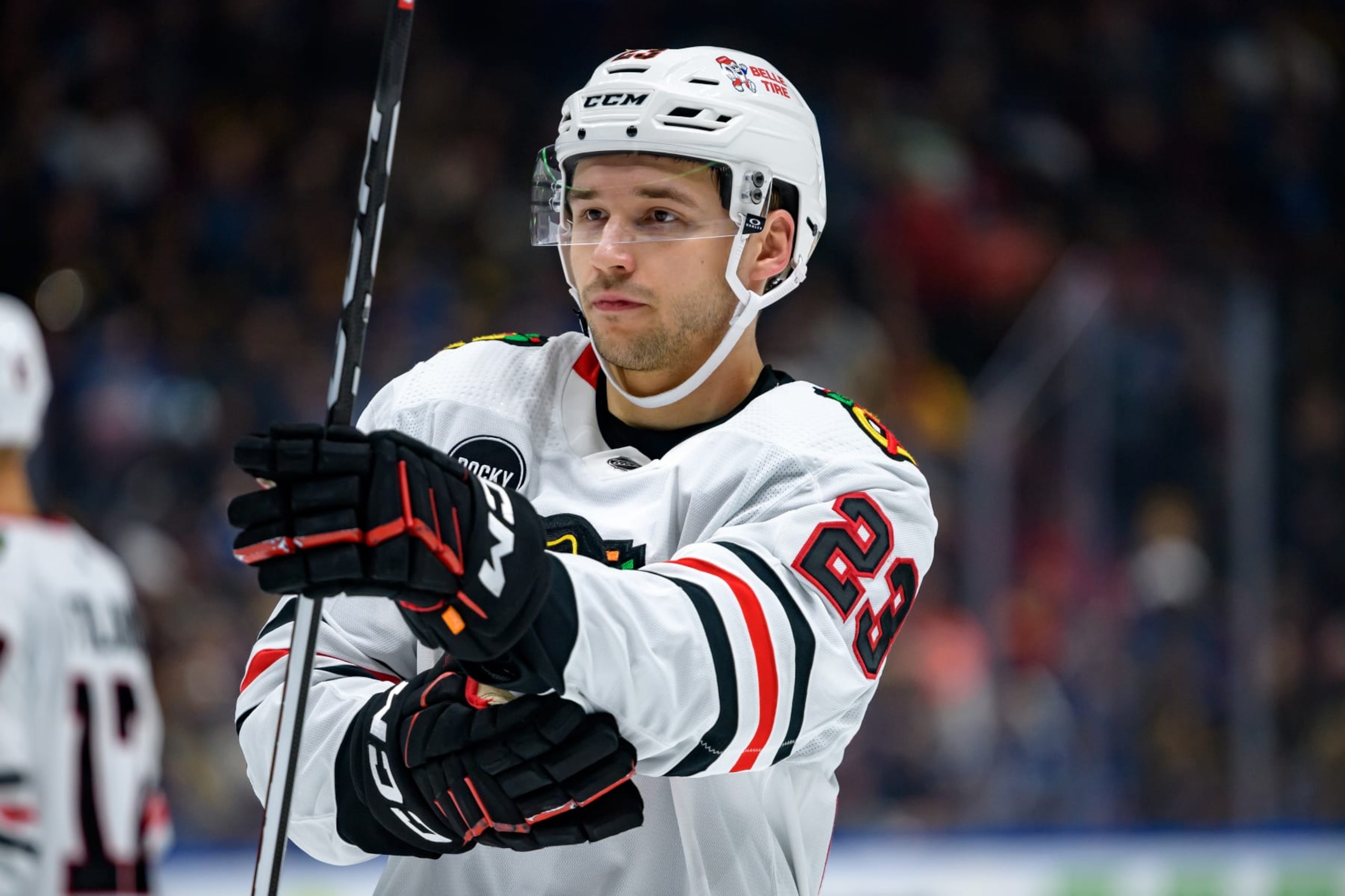 VANCOUVER, CANADA - JANUARY 22: Philipp Kurashev #23 of the Chicago Blackhawks waits for a face-off during the second period of their NHL game against the Vancouver Canucks at Rogers Arena on January 22, 2024 in Vancouver, British Columbia, Canada. (Photo by Derek Cain/Getty Images) VANCOUVER, CANADA - JANUARY 22: Philipp Kurashev #23 of the Chicago Blackhawks waits for a face-off during the second period of their NHL game against the Vancouver Canucks at Rogers Arena on January 22, 2024 in Vancouver, British Columbia, Canada. (Photo by Derek Cain/Getty Images)