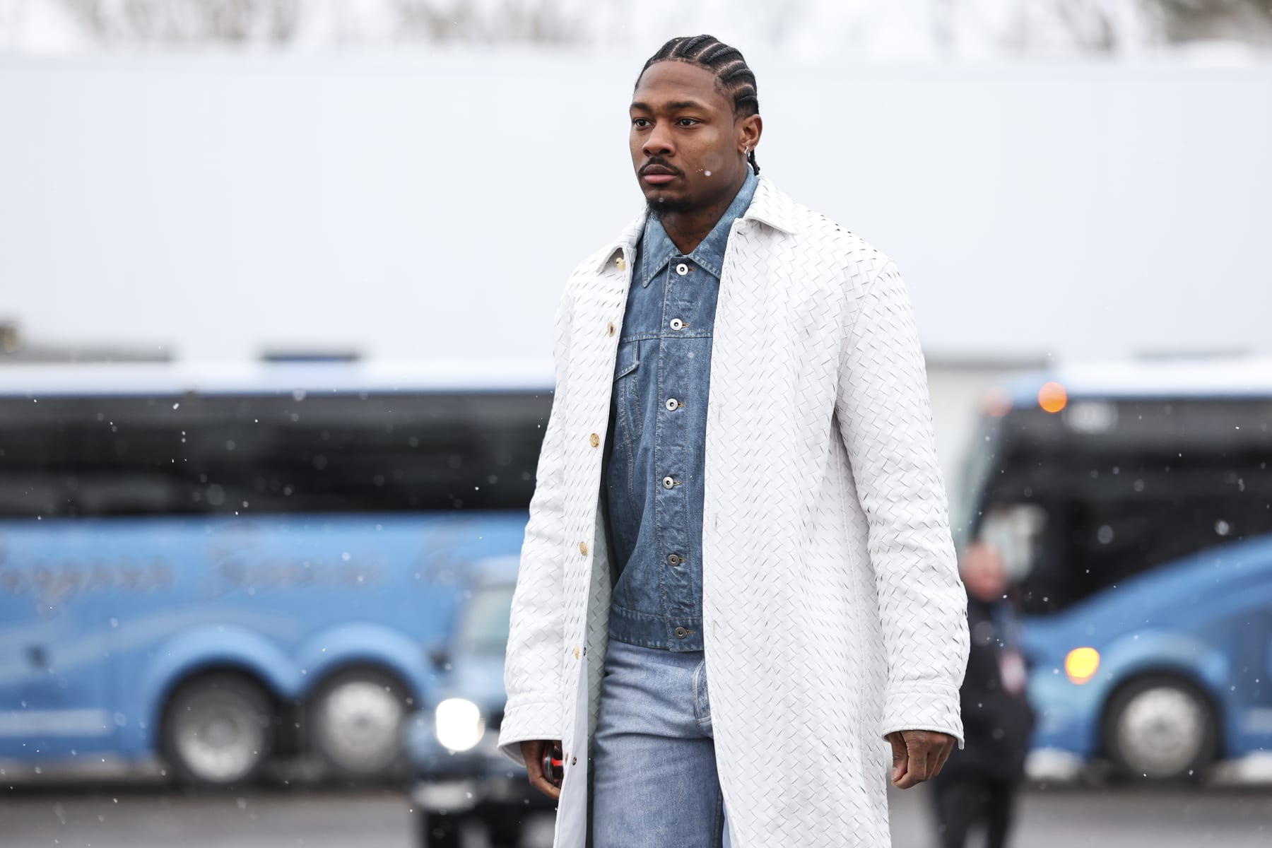 ORCHARD PARK, NY - JANUARY 21: Stefon Diggs #14 of the Buffalo Bills arrives prior to an NFL divisional round playoff football game against the Kansas City Chiefs at Highmark Stadium on January 21, 2024 in Orchard Park, New York. (Photo by Perry Knotts/Getty Images)