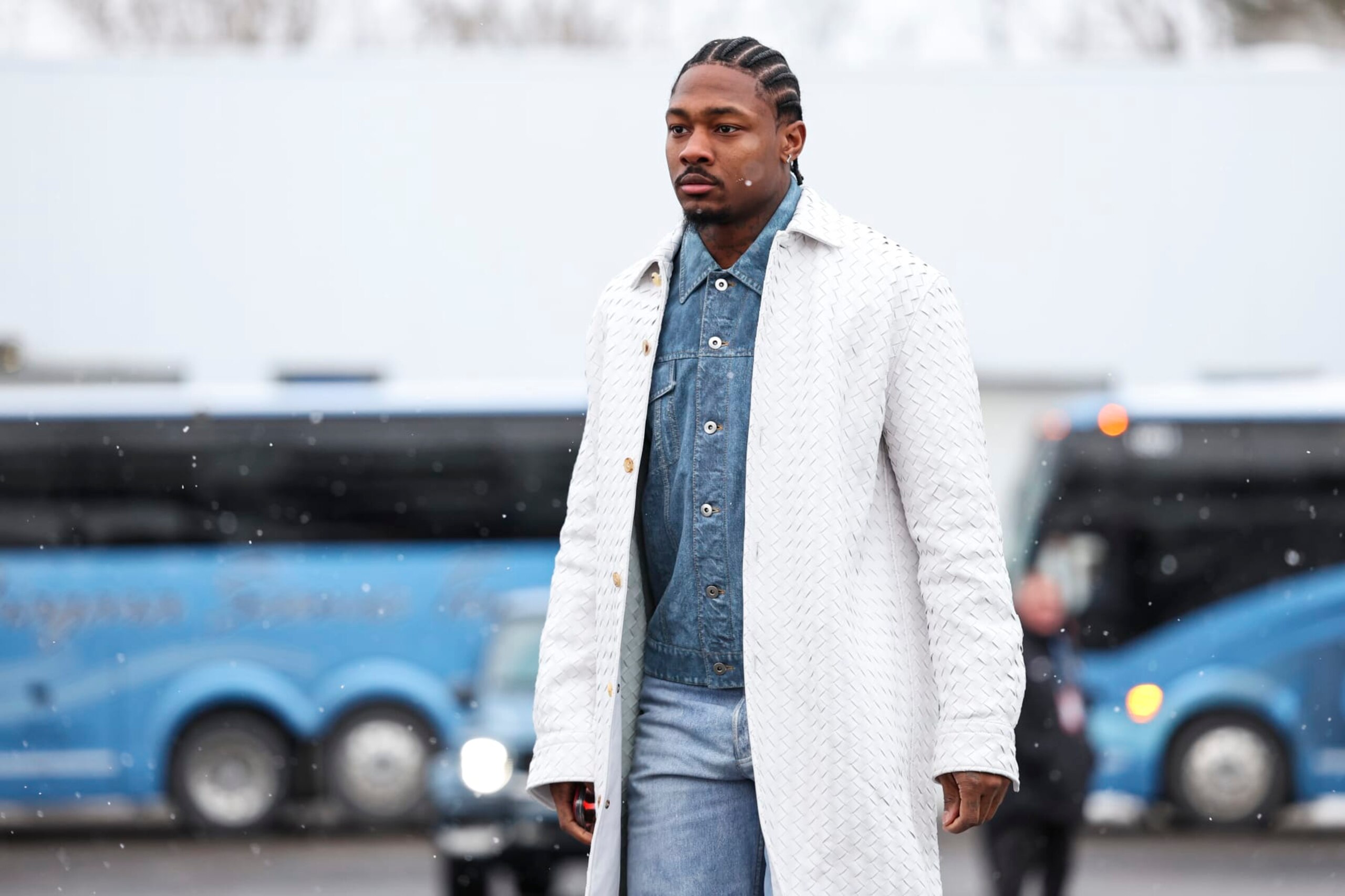 ORCHARD PARK, NY - JANUARY 21: Stefon Diggs #14 of the Buffalo Bills arrives prior to an NFL divisional round playoff football game against the Kansas City Chiefs at Highmark Stadium on January 21, 2024 in Orchard Park, New York. (Photo by Perry Knotts/Getty Images) ORCHARD PARK, NY - JANUARY 21: Stefon Diggs #14 of the Buffalo Bills arrives prior to an NFL divisional round playoff football game against the Kansas City Chiefs at Highmark Stadium on January 21, 2024 in Orchard Park, New York. (Photo by Perry Knotts/Getty Images)