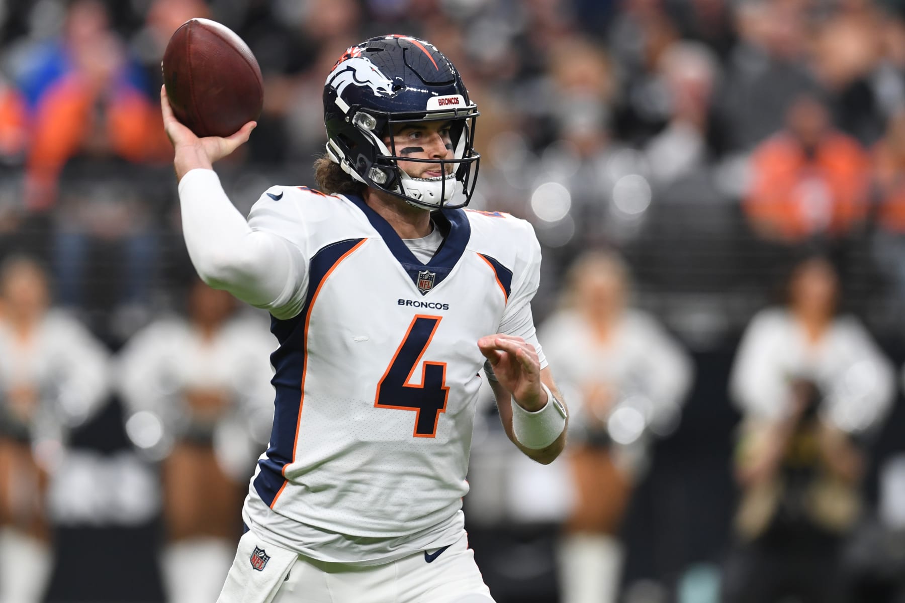 LAS VEGAS, NEVADA - JANUARY 07: Jarrett Stidham #4 of the Denver Broncos throws a pass during the first quarter in the game against the Las Vegas Raiders at Allegiant Stadium on January 07, 2024 in Las Vegas, Nevada. (Photo by Candice Ward/Getty Images)