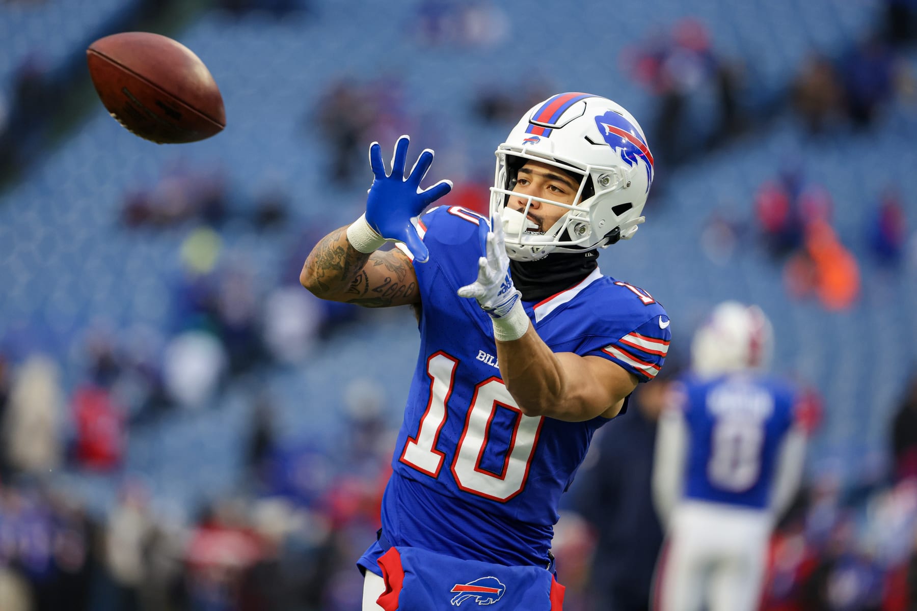 ORCHARD PARK, NEW YORK - DECEMBER 31: Khalil Shakir #10 of the Buffalo Bills warms up prior to a game against the New England Patriots at Highmark Stadium on December 31, 2023 in Orchard Park, New York. (Photo by Timothy T Ludwig/Getty Images)
