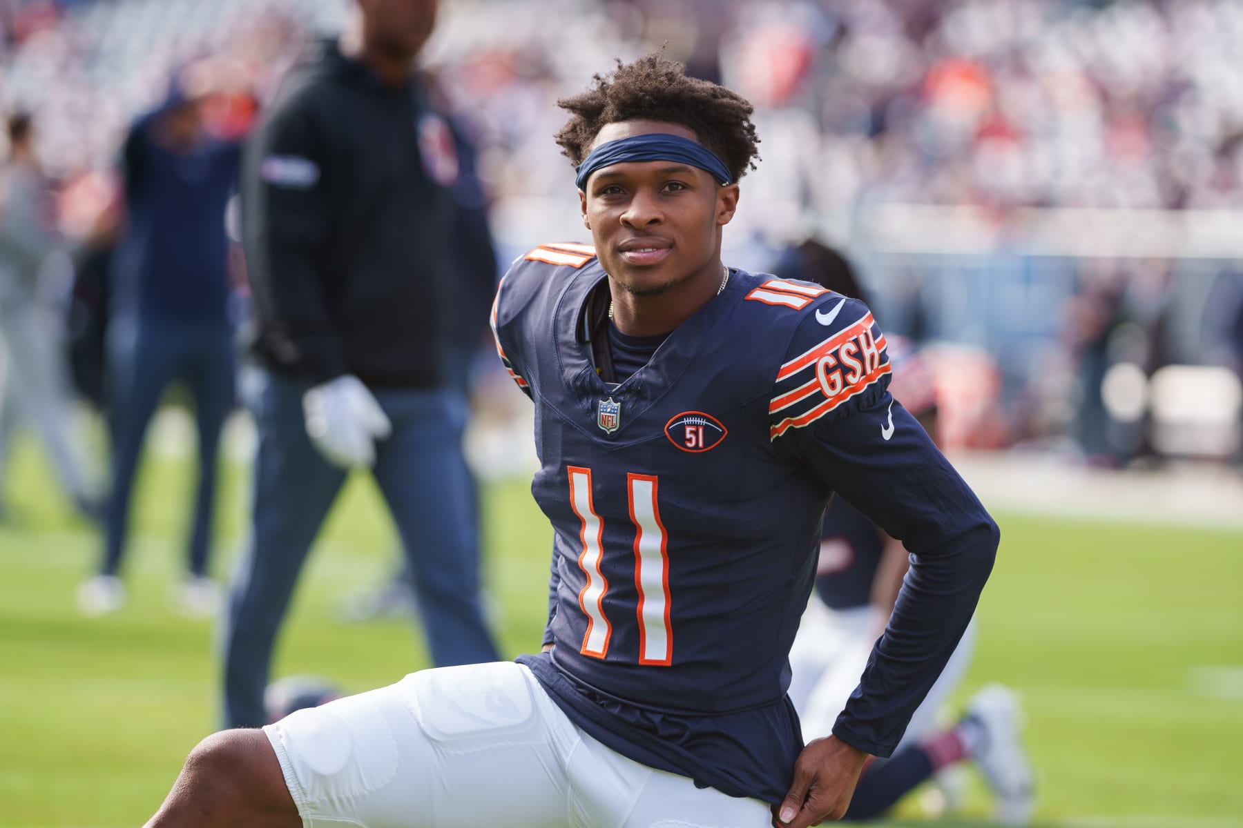 CHICAGO, IL - OCTOBER 15:  Wide receiver Darnell Mooney #11 of the Chicago Bears warms up prior to an NFL football game against the Minnesota Vikings at Soldier Field on October 15, 2023 in Chicago, Illinois. (Photo by Todd Rosenberg/Getty Images)