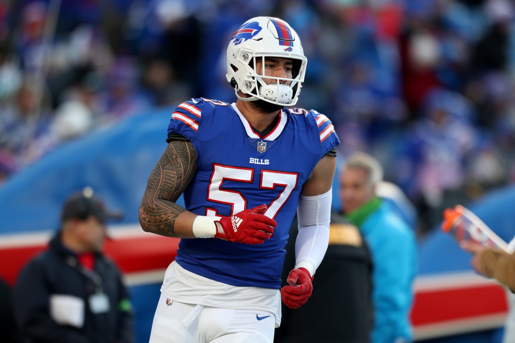 ORCHARD PARK, NEW YORK - NOVEMBER 19: AJ Epenesa #57 of the Buffalo Bills warms up prior to a game against the New York Jets at Highmark Stadium on November 19, 2023 in Orchard Park, New York. (Photo by Bryan Bennett/Getty Images)