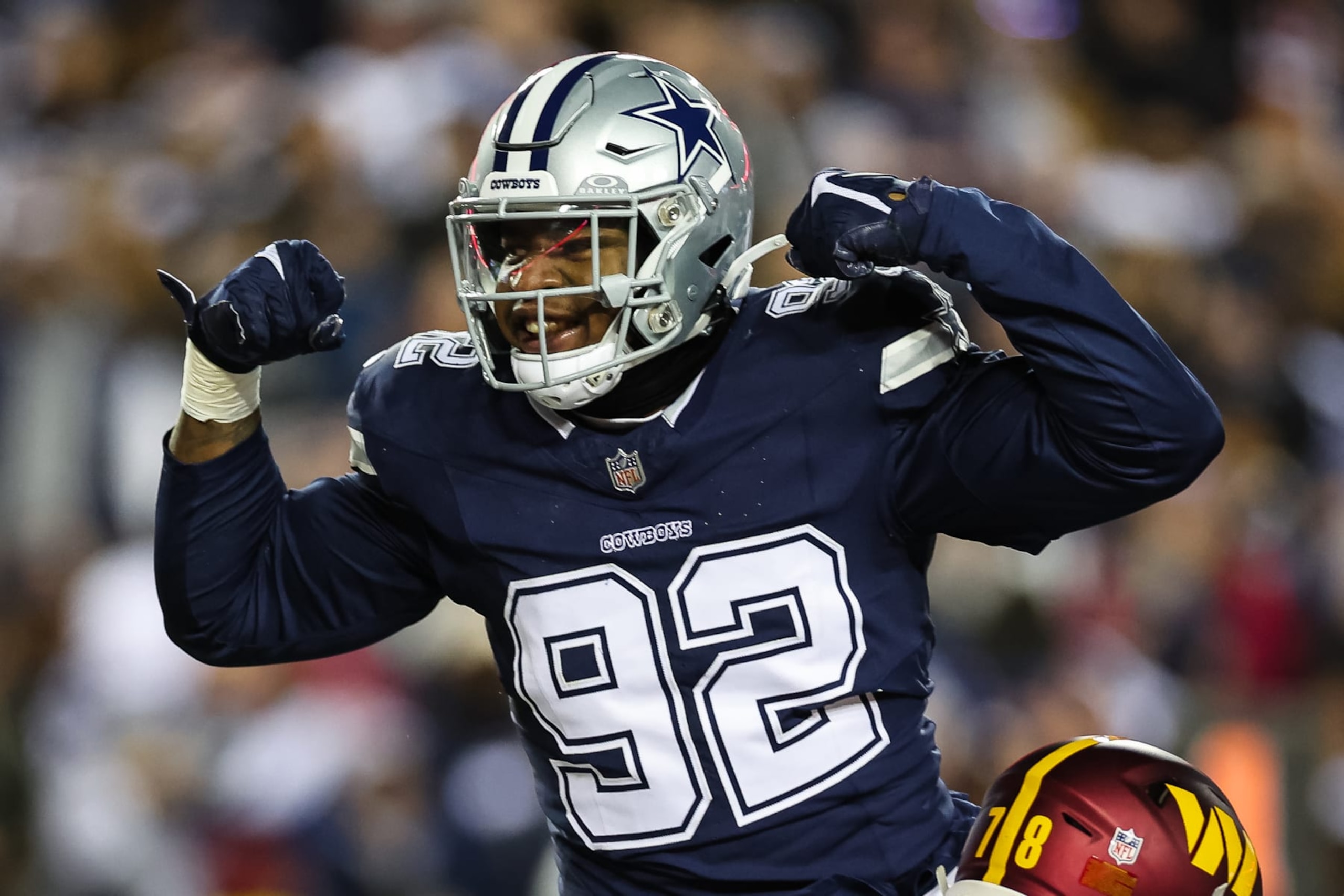 LANDOVER, MD - JANUARY 07: Abdullah Anderson #92 of the Washington Commanders celebrates after a sack against the Washington Commanders during the second half of the game at FedExField on January 7, 2024 in Landover, Maryland. (Photo by Scott Taetsch/Getty Images)