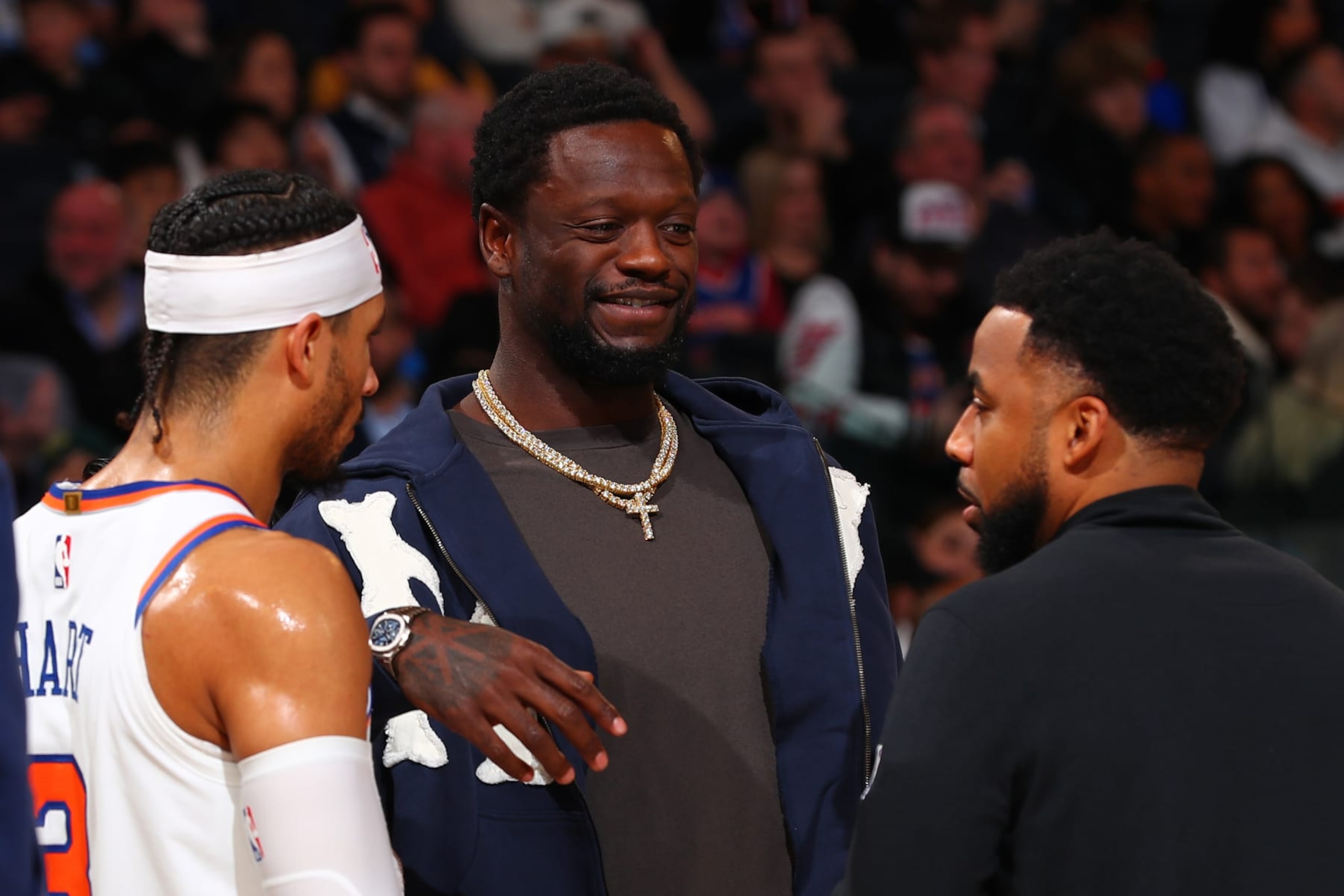 NEW YORK, NY - MARCH 25: Julius Randle #30 of the New York Knicks smiles during the game against the Detroit Pistons on March 25, 2024 at Madison Square Garden in New York City, New York.  NOTE TO USER: User expressly acknowledges and agrees that, by downloading and or using this photograph, User is consenting to the terms and conditions of the Getty Images License Agreement. Mandatory Copyright Notice: Copyright 2024 NBAE  (Photo by David L. Nemec /NBAE via Getty Images)