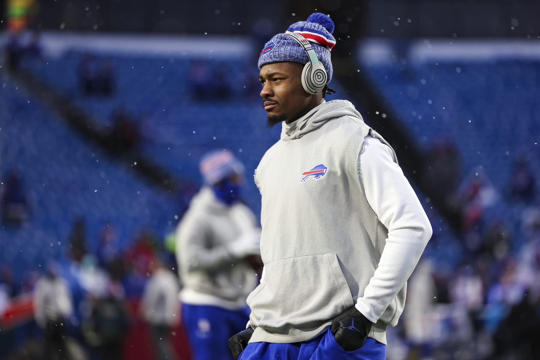 ORCHARD PARK, NY - JANUARY 21: Stefon Diggs #14 of the Buffalo Bills warms up prior to an NFL divisional round playoff football game against the Kansas City Chiefs at Highmark Stadium on January 21, 2024 in Orchard Park, New York. (Photo by Perry Knotts/Getty Images)