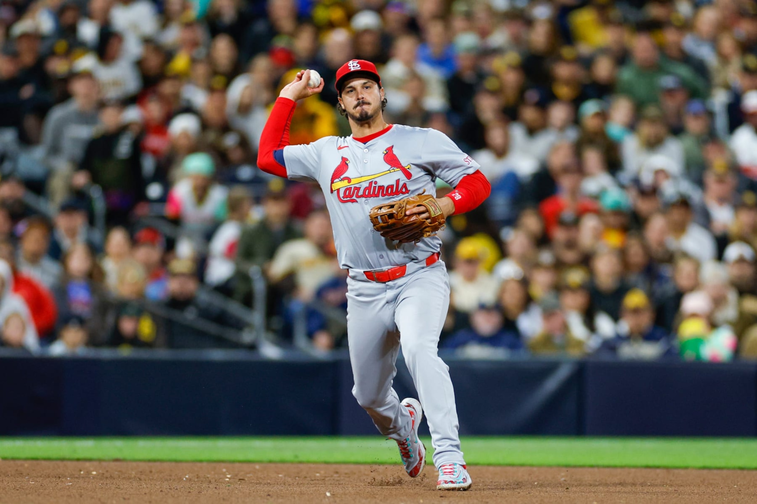 SAN DIEGO, CALIFORNIA - APRIL 1: Nolan Arenado #28 of the St. Louis Cardinals throws toward first base on a ground out during the eighth inning against the San Diego Padres at PETCO Park on April 1, 2024 in San Diego, California. (Photo by Brandon Sloter/Getty Images) SAN DIEGO, CALIFORNIA - APRIL 1: Nolan Arenado #28 of the St. Louis Cardinals throws toward first base on a ground out during the eighth inning against the San Diego Padres at PETCO Park on April 1, 2024 in San Diego, California. (Photo by Brandon Sloter/Getty Images)