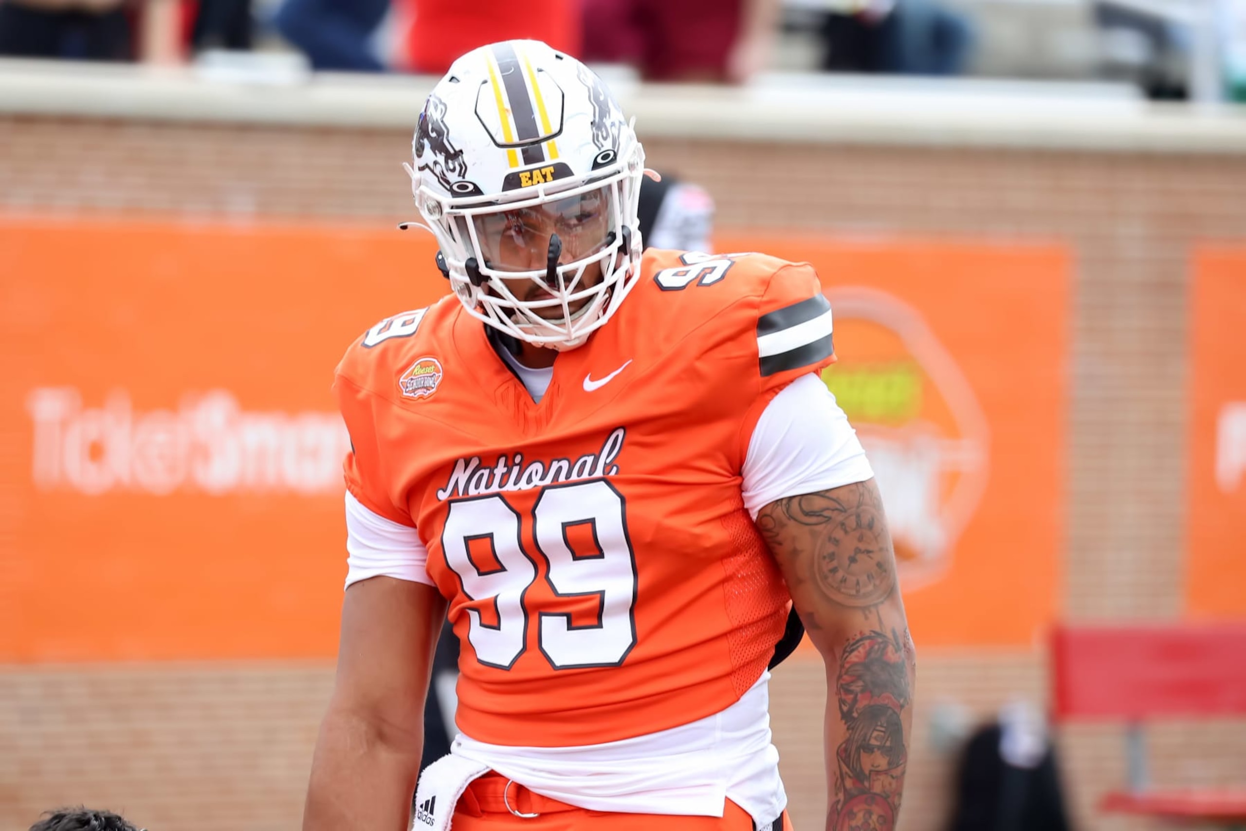 MOBILE, AL - FEBRUARY 03: National edge Marshawn Kneeland of Western Michigan (99) during the 2024 Reese's Senior Bowl on February 3, 2024 at Hancock Whitney Stadium in Mobile, Alabama.  (Photo by Michael Wade/Icon Sportswire via Getty Images)