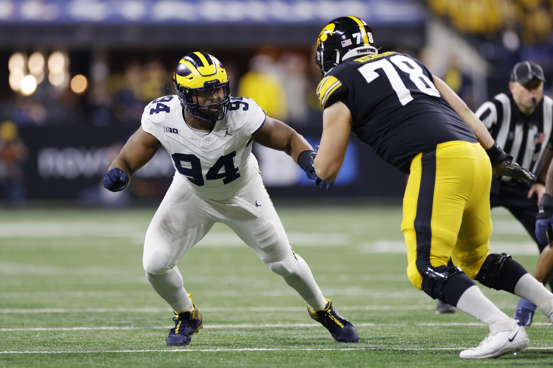 INDIANAPOLIS, IN - DECEMBER 2: Michigan Wolverines defensive lineman Kris Jenkins (94) rushes on defense during the Big Ten Championship Game against the Iowa Hawkeyes on December 2, 2023 at Lucas Oil Stadium in Indianapolis, Indiana. (Photo by Joe Robbins/Icon Sportswire via Getty Images)