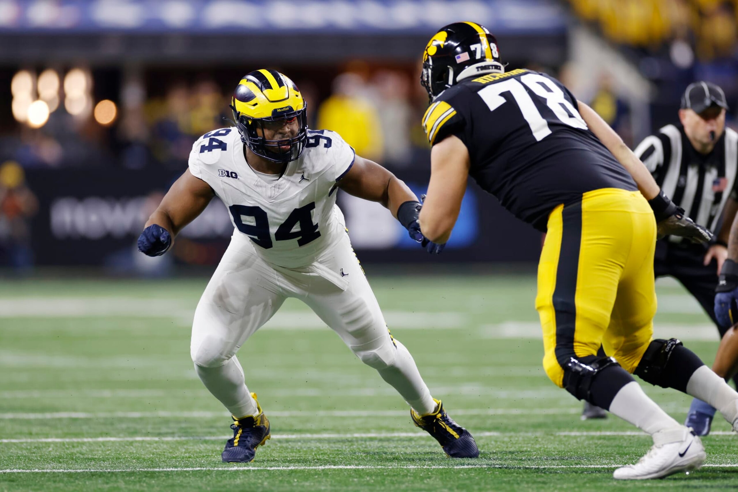INDIANAPOLIS, IN - DECEMBER 2: Michigan Wolverines defensive lineman Kris Jenkins (94) rushes on defense during the Big Ten Championship Game against the Iowa Hawkeyes on December 2, 2023 at Lucas Oil Stadium in Indianapolis, Indiana. (Photo by Joe Robbins/Icon Sportswire via Getty Images) INDIANAPOLIS, IN - DECEMBER 2: Michigan Wolverines defensive lineman Kris Jenkins (94) rushes on defense during the Big Ten Championship Game against the Iowa Hawkeyes on December 2, 2023 at Lucas Oil Stadium in Indianapolis, Indiana. (Photo by Joe Robbins/Icon Sportswire via Getty Images)