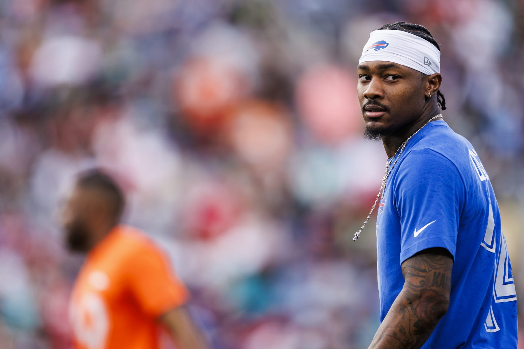 ORLANDO, FLORIDA - FEBRUARY 04: Stefon Diggs #14 of the Buffalo Bills and AFC looks on during the 2024 NFL Pro Bowl at Camping World Stadium on February 04, 2024 in Orlando, Florida. (Photo by James Gilbert/Getty Images)