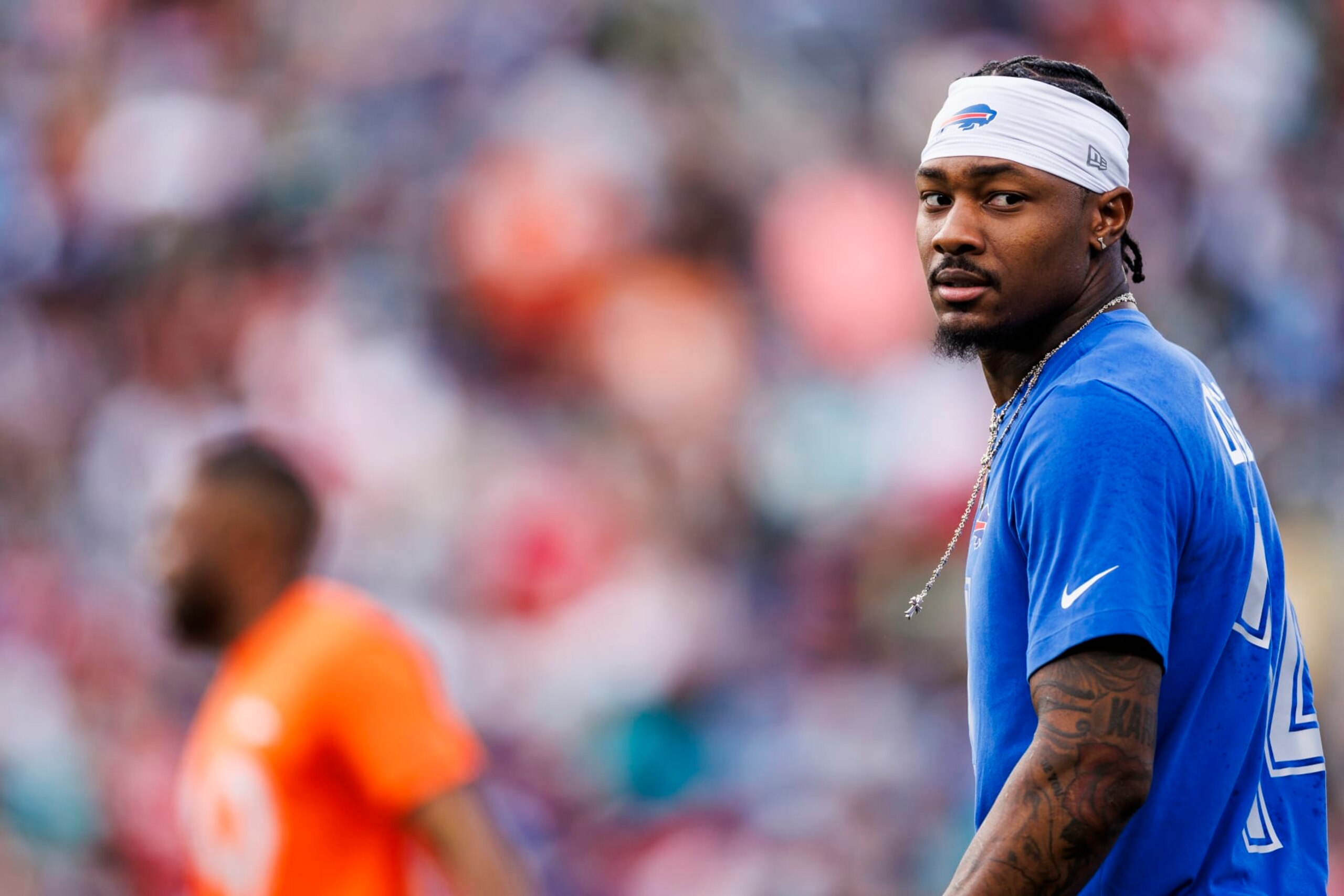ORLANDO, FLORIDA - FEBRUARY 04: Stefon Diggs #14 of the Buffalo Bills and AFC looks on during the 2024 NFL Pro Bowl at Camping World Stadium on February 04, 2024 in Orlando, Florida. (Photo by James Gilbert/Getty Images) ORLANDO, FLORIDA - FEBRUARY 04: Stefon Diggs #14 of the Buffalo Bills and AFC looks on during the 2024 NFL Pro Bowl at Camping World Stadium on February 04, 2024 in Orlando, Florida. (Photo by James Gilbert/Getty Images)