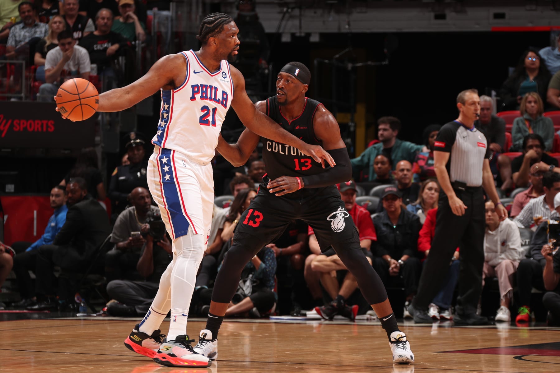 MIAMI, FL - APRIL 4: Bam Adebayo #13 of the Miami Heat plays defense during the game against the Philadelphia 76ers on April 4, 2024 at Kaseya Center in Miami, Florida. NOTE TO USER: User expressly acknowledges and agrees that, by downloading and or using this Photograph, user is consenting to the terms and conditions of the Getty Images License Agreement. Mandatory Copyright Notice: Copyright 2024 NBAE (Photo by Issac Baldizon/NBAE via Getty Images)