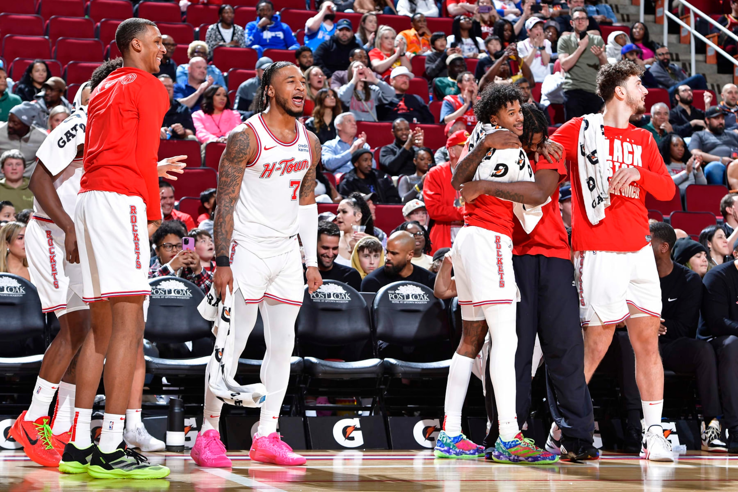 HOUSTON, TX - FEBRUARY 2: The Houston Rockets bench celebrates during the game against the Toronto Raptors on February 2, 2024 at the Toyota Center in Houston, Texas. NOTE TO USER: User expressly acknowledges and agrees that, by downloading and or using this photograph, User is consenting to the terms and conditions of the Getty Images License Agreement. Mandatory Copyright Notice: Copyright 2024 NBAE (Photo by Logan Riely/NBAE via Getty Images)