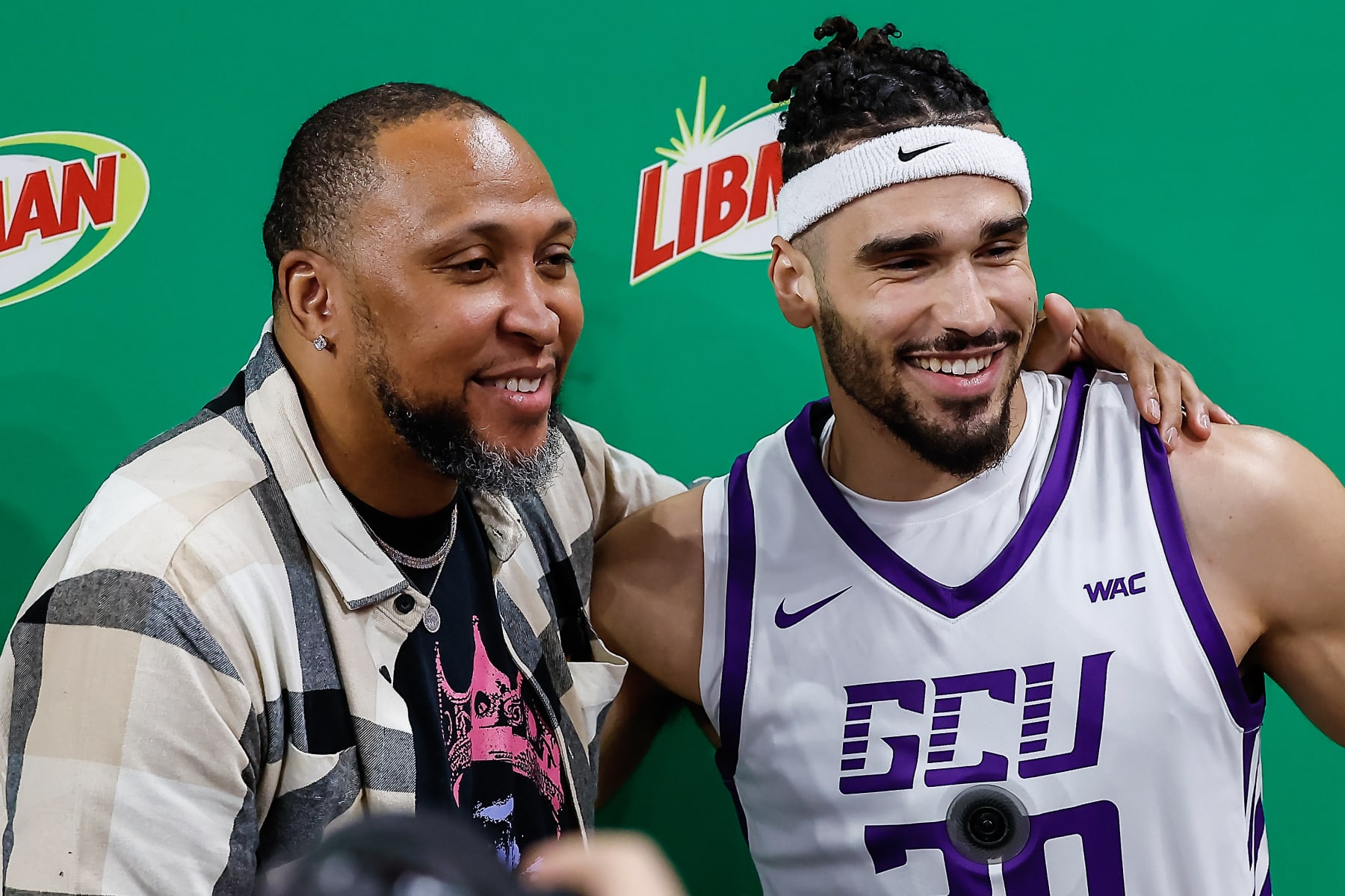 PHOENIX, AZ - APRIL 04:  Grand Canyon forward Gabe McGlothan (30) smiles after winning the King's Hawaiian Slam Dunk Championship on April 4, 2024 at Global Credit Union Arena in Phoenix, Arizona. (Photo by Kevin Abele/Icon Sportswire via Getty Images)