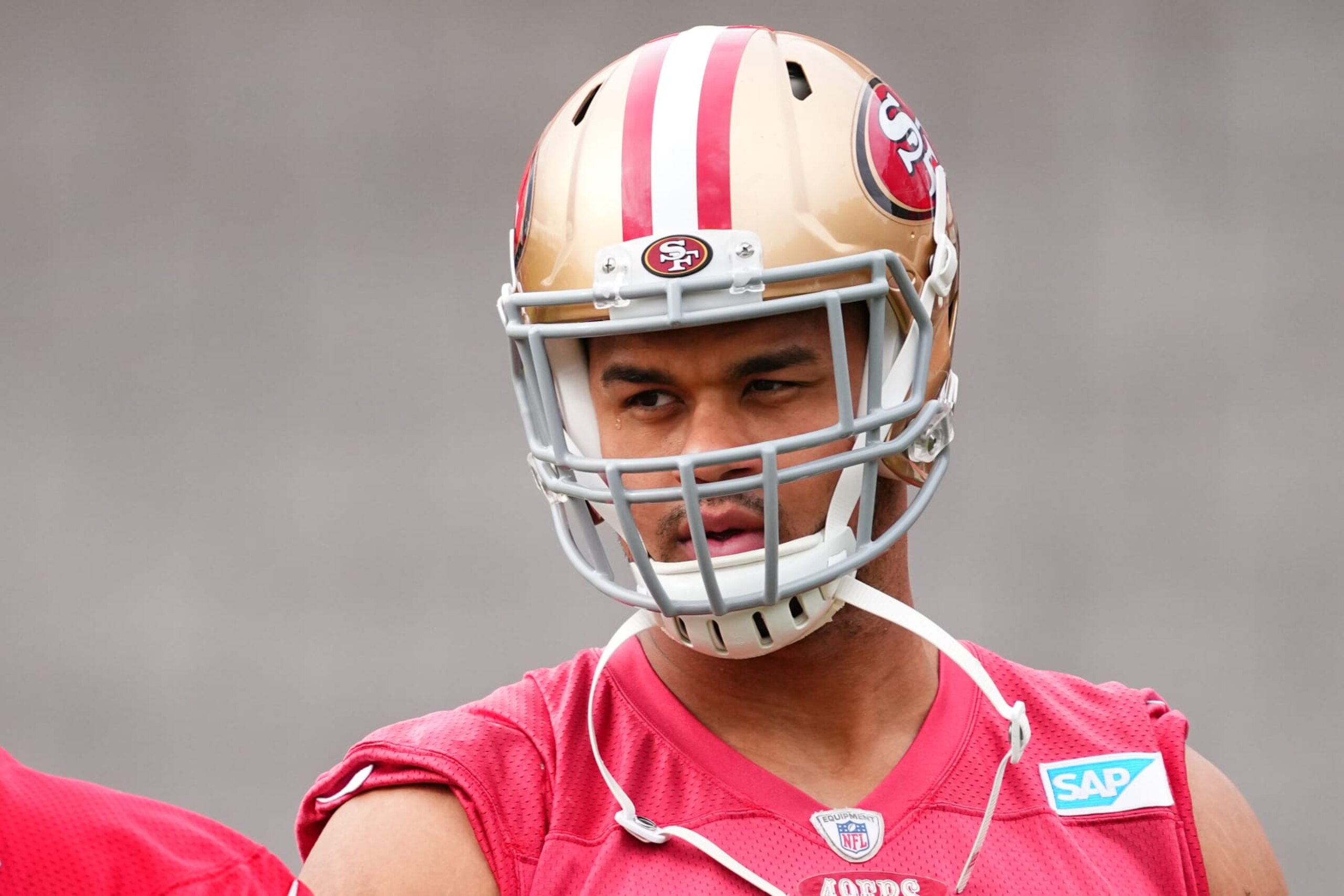 LAS VEGAS, NEVADA - FEBRUARY 09: Arik Armstead #91 looks on during San Francisco 49ers practice ahead of Super Bowl LVIII at Fertitta Football Complex on February 09, 2024 in Las Vegas, Nevada. (Photo by Chris Unger/Getty Images)