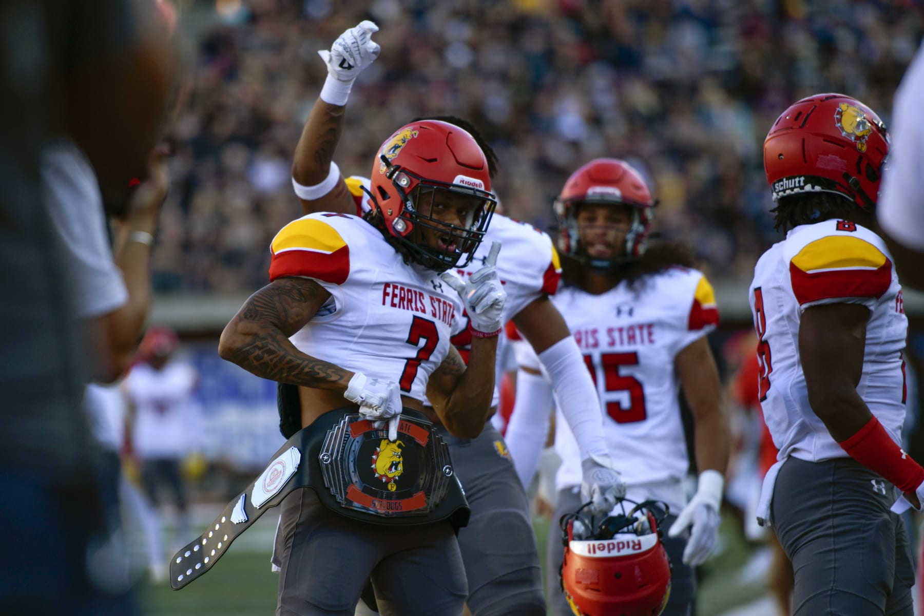 MISSOULA, MONTANA - SEPTEMBER 16: Shon Stephens #7 of the Ferris State Bulldogs celebrates after catching a celebration during the first quarter of a college football game between the Montana Grizzlies and the Ferris State Bulldogs at Washington-Grizzly Stadium on September 16, 2023 in Missoula, Montana. (Photo by Tanner Ecker/University of Montana/Getty Images)