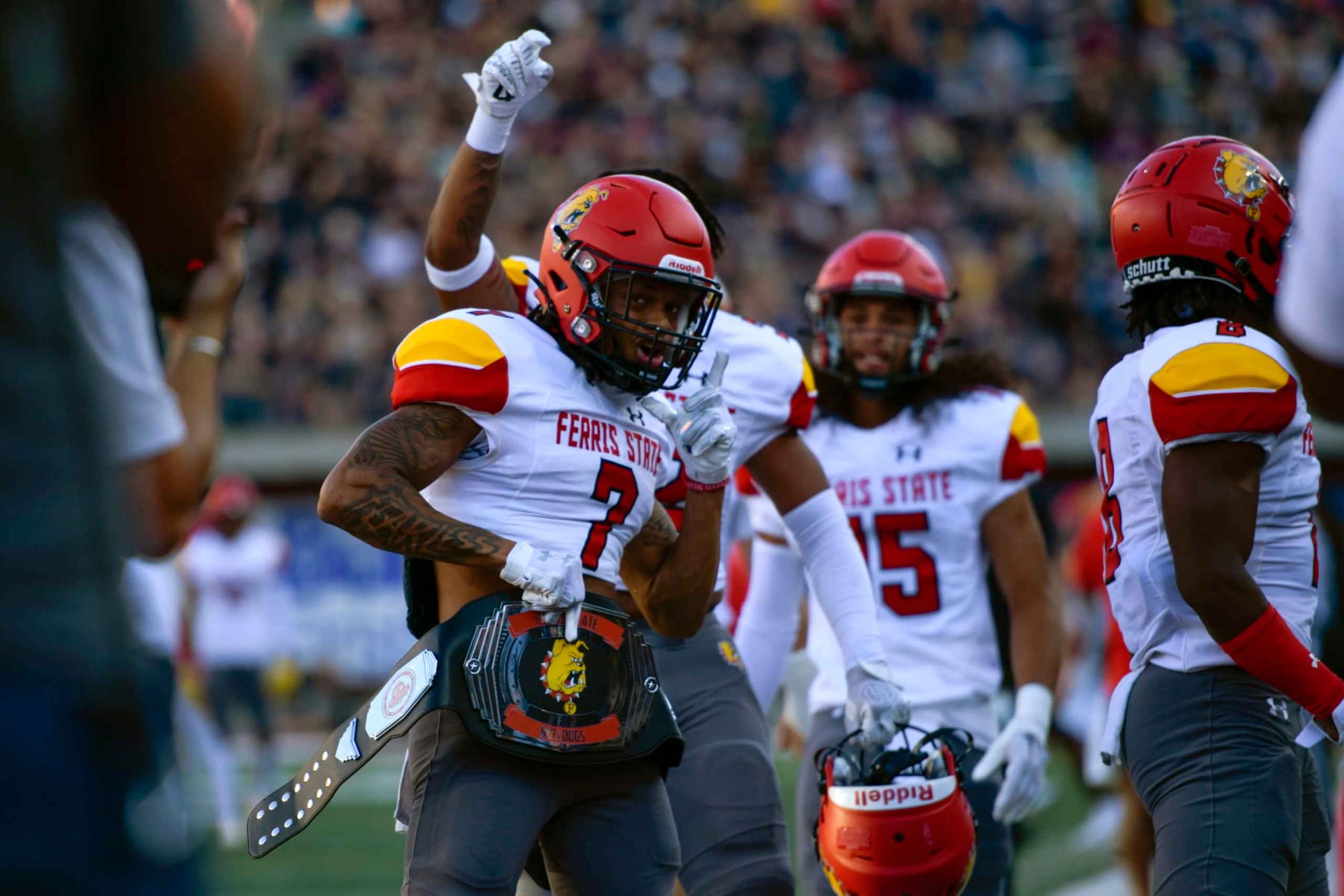 MISSOULA, MONTANA - SEPTEMBER 16: Shon Stephens #7 of the Ferris State Bulldogs celebrates after catching a celebration during the first quarter of a college football game between the Montana Grizzlies and the Ferris State Bulldogs at Washington-Grizzly Stadium on September 16, 2023 in Missoula, Montana. (Photo by Tanner Ecker/University of Montana/Getty Images) MISSOULA, MONTANA - SEPTEMBER 16: Shon Stephens #7 of the Ferris State Bulldogs celebrates after catching a celebration during the first quarter of a college football game between the Montana Grizzlies and the Ferris State Bulldogs at Washington-Grizzly Stadium on September 16, 2023 in Missoula, Montana. (Photo by Tanner Ecker/University of Montana/Getty Images)