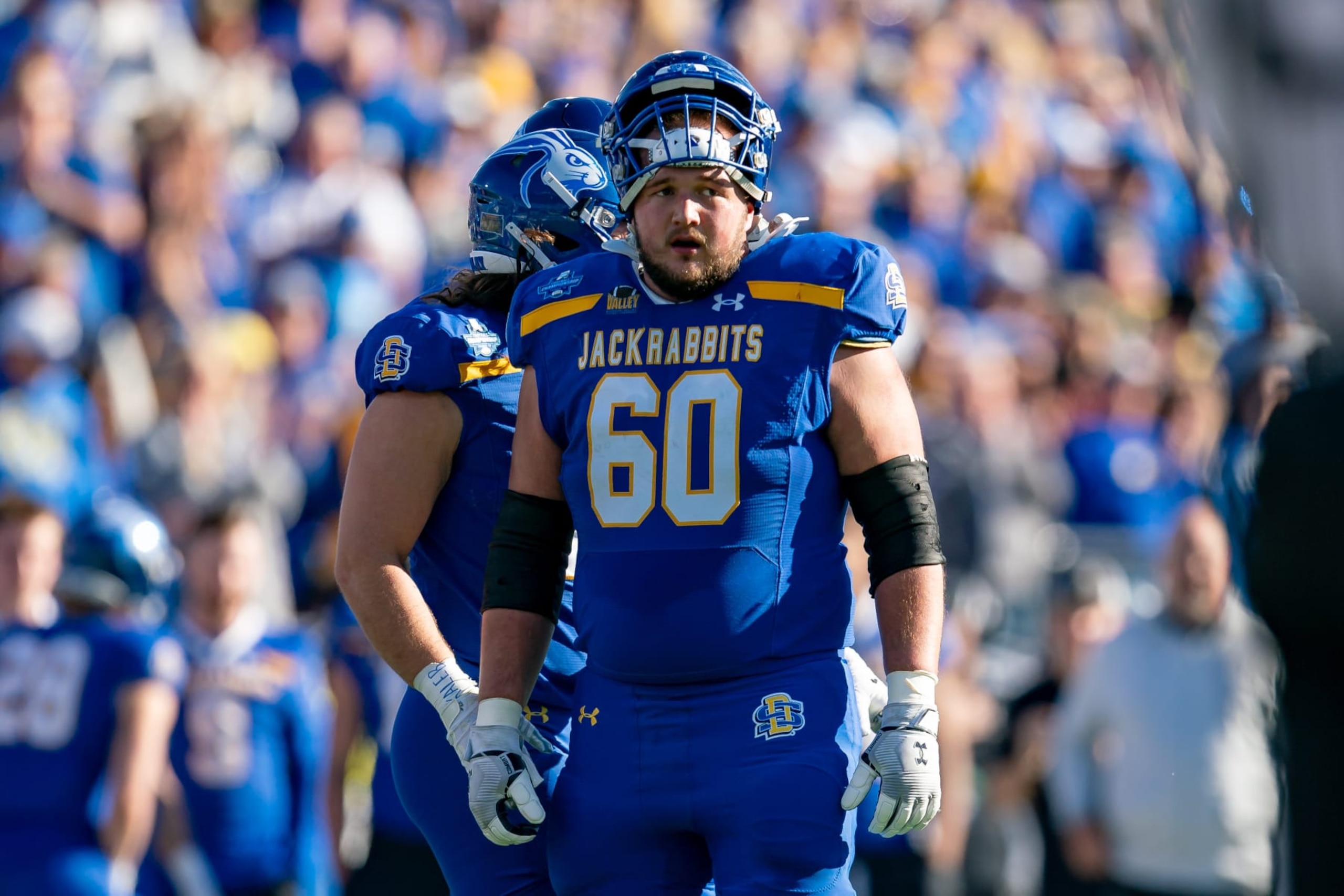 FRISCO, TX - JANUARY 07: South Dakota State Jackrabbits offensive lineman Mason McCormick (60) waits between plays during the FCS championship game between Montana Grizzlies and South Dakota State Jackrabbits on January 7th, 2024 at Toyota Stadium in Frisco, TX. (Photo by Chris Leduc/Icon Sportswire via Getty Images) FRISCO, TX - JANUARY 07: South Dakota State Jackrabbits offensive lineman Mason McCormick (60) waits between plays during the FCS championship game between Montana Grizzlies and South Dakota State Jackrabbits on January 7th, 2024 at Toyota Stadium in Frisco, TX. (Photo by Chris Leduc/Icon Sportswire via Getty Images)