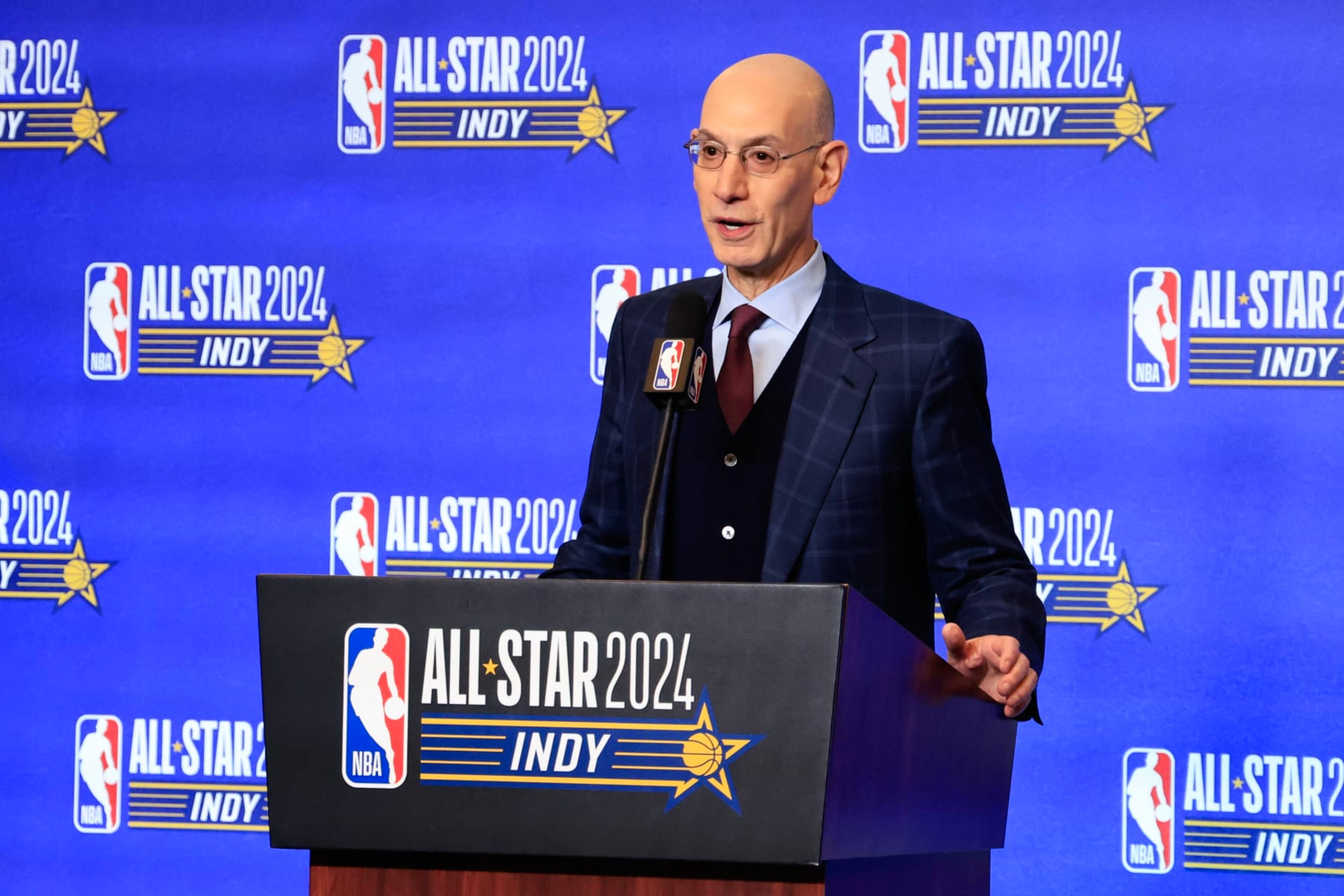 INDIANAPOLIS, INDIANA - FEBRUARY 17: NBA Commissioner Adam Silver speaks to the media at Lucas Oil Stadium on February 17, 2024 in Indianapolis, Indiana. NOTE TO USER: User expressly acknowledges and agrees that, by downloading and or using this photograph, User is consenting to the terms and conditions of the Getty Images License Agreement. (Photo by Justin Casterline/Getty Images) INDIANAPOLIS, INDIANA - FEBRUARY 17: NBA Commissioner Adam Silver speaks to the media at Lucas Oil Stadium on February 17, 2024 in Indianapolis, Indiana. NOTE TO USER: User expressly acknowledges and agrees that, by downloading and or using this photograph, User is consenting to the terms and conditions of the Getty Images License Agreement. (Photo by Justin Casterline/Getty Images)