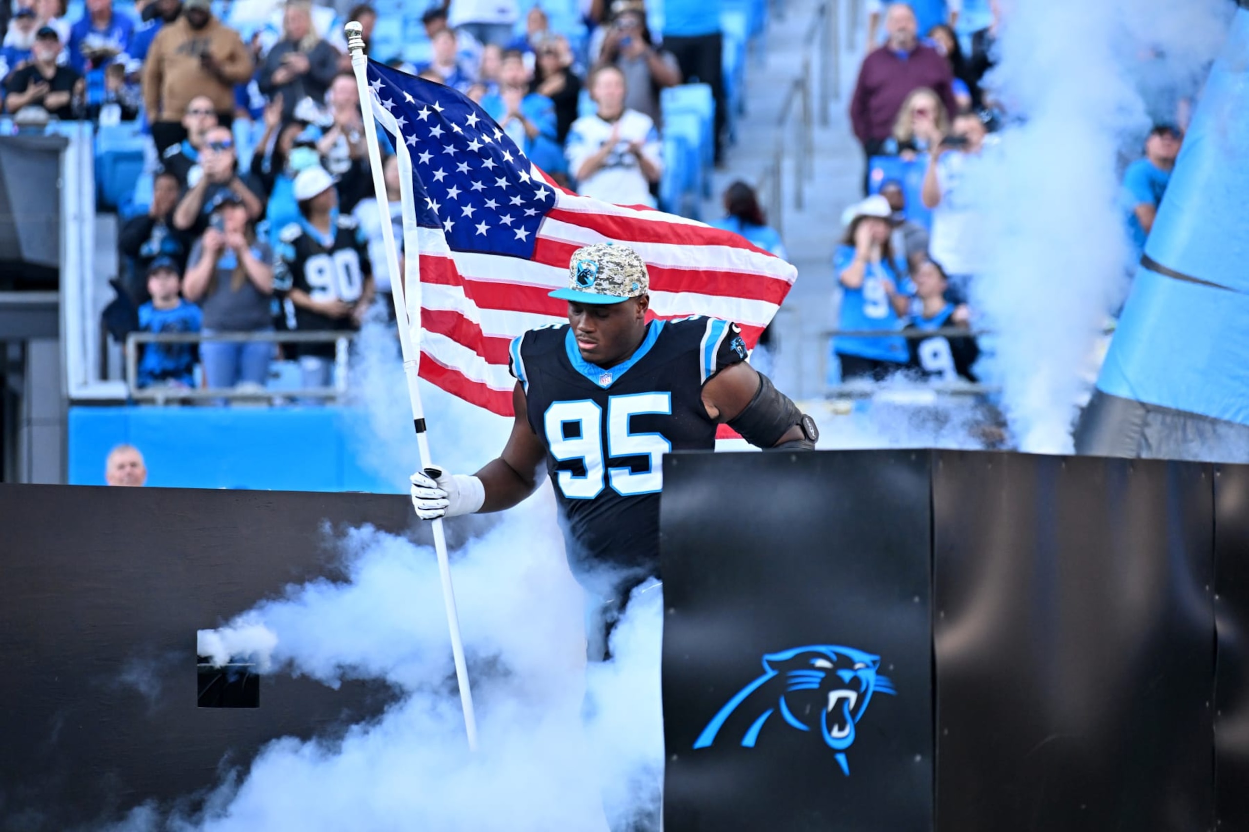 CHARLOTTE, NORTH CAROLINA - NOVEMBER 05: Derrick Brown #95 of the Carolina Panthers walks onto the field before the game against the Indianapolis Colts at Bank of America Stadium on November 05, 2023 in Charlotte, North Carolina. (Photo by Grant Halverson/Getty Images)