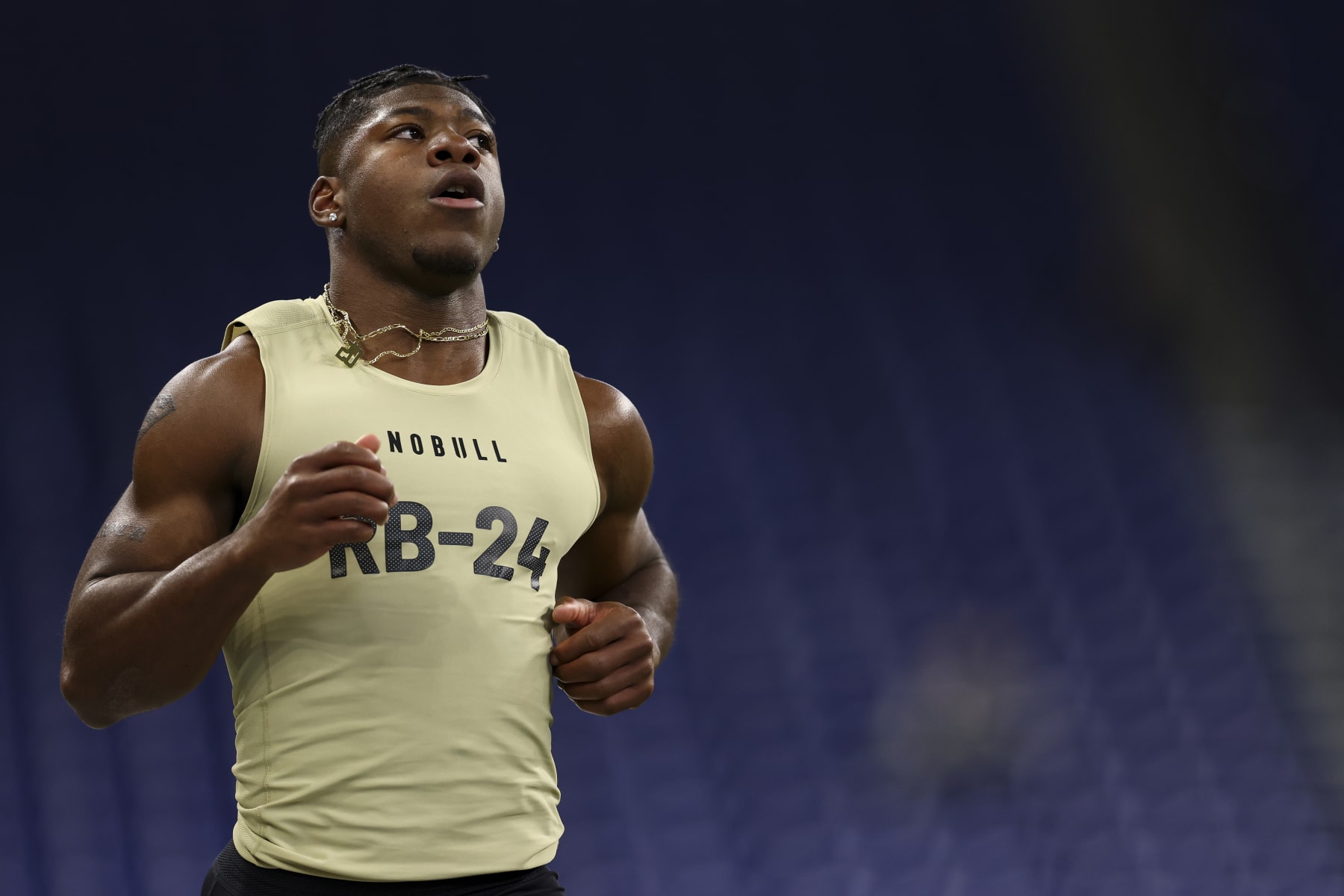 INDIANAPOLIS, INDIANA - MARCH 2: Jaden Shirden #RB24 of Monmouth-Nj runs the 40-yard dash during the NFL Combine at the Lucas Oil Stadium on March 2, 2024 in Indianapolis, Indiana. (Photo by Kevin Sabitus/Getty Images)