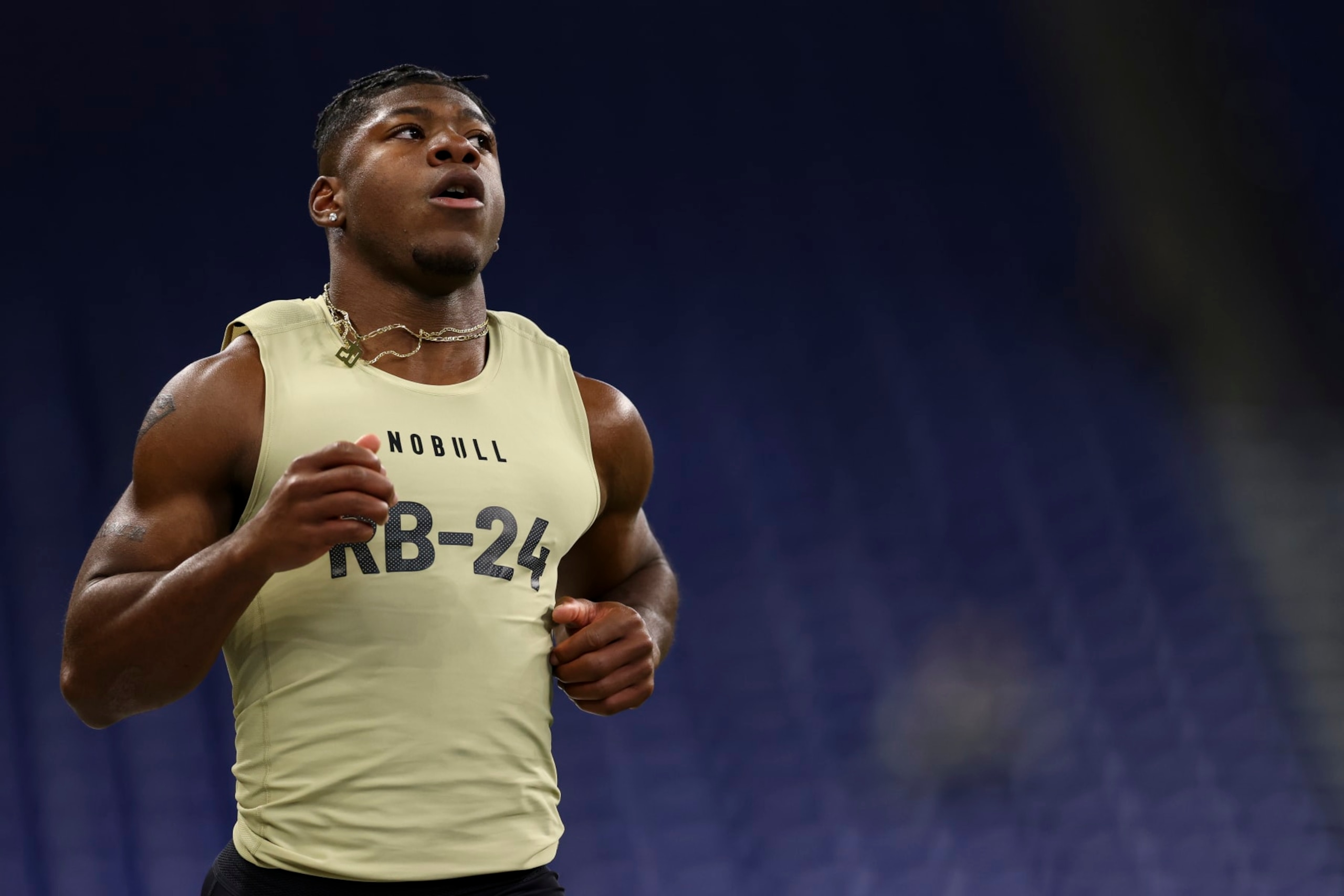 INDIANAPOLIS, INDIANA - MARCH 2: Jaden Shirden #RB24 of Monmouth-Nj runs the 40-yard dash during the NFL Combine at the Lucas Oil Stadium on March 2, 2024 in Indianapolis, Indiana. (Photo by Kevin Sabitus/Getty Images) INDIANAPOLIS, INDIANA - MARCH 2: Jaden Shirden #RB24 of Monmouth-Nj runs the 40-yard dash during the NFL Combine at the Lucas Oil Stadium on March 2, 2024 in Indianapolis, Indiana. (Photo by Kevin Sabitus/Getty Images)