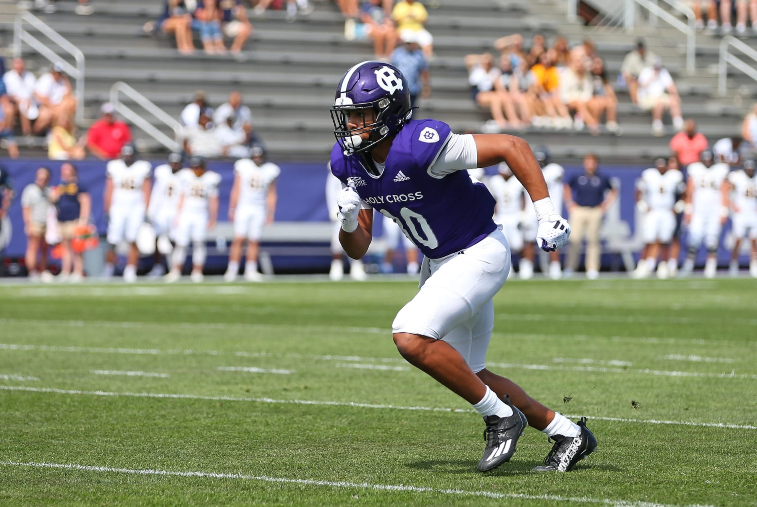 WORCESTER, MA - SEPTEMBER 02: Holy Cross Crusaders wide receiver Jalen Coker (80) in action during a college football game between Merrimack Warriors and Holy Cross Crusaders on September 2, 2023, at Fitton Field in Worcester, MA. (Photo by M. Anthony Nesmith/Icon Sportswire via Getty Images) WORCESTER, MA - SEPTEMBER 02: Holy Cross Crusaders wide receiver Jalen Coker (80) in action during a college football game between Merrimack Warriors and Holy Cross Crusaders on September 2, 2023, at Fitton Field in Worcester, MA. (Photo by M. Anthony Nesmith/Icon Sportswire via Getty Images)