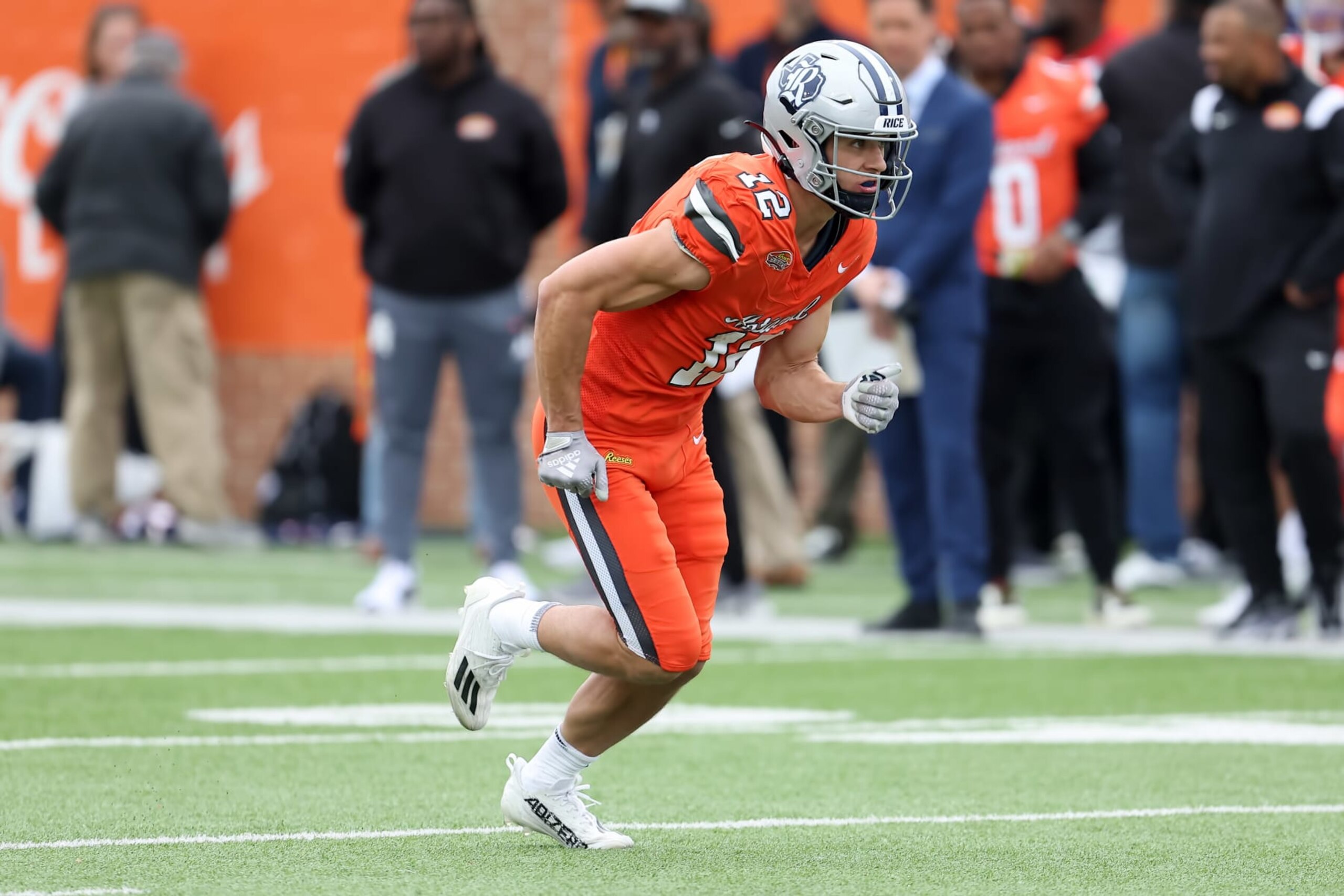 MOBILE, AL - FEBRUARY 03: National wide receiver Luke McCaffrey of Rice (12) during the 2024 Reese's Senior Bowl on February 3, 2024 at Hancock Whitney Stadium in Mobile, Alabama. (Photo by Michael Wade/Icon Sportswire via Getty Images) MOBILE, AL - FEBRUARY 03: National wide receiver Luke McCaffrey of Rice (12) during the 2024 Reese's Senior Bowl on February 3, 2024 at Hancock Whitney Stadium in Mobile, Alabama. (Photo by Michael Wade/Icon Sportswire via Getty Images)