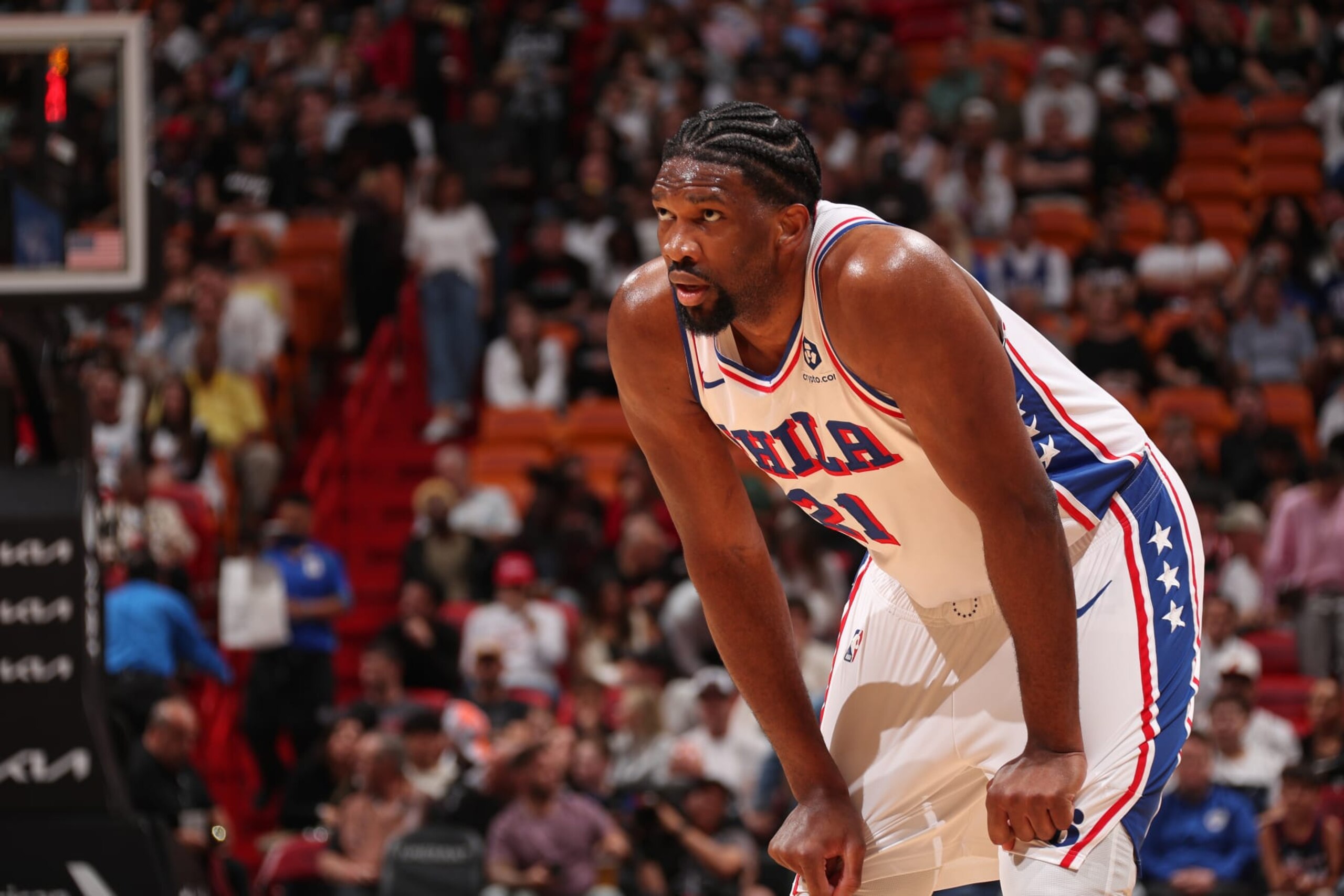 MIAMI, FL - APRIL 4: Joel Embiid #21 of the Philadelphia 76ers looks on during the game against the Miami Heat on April 4, 2024 at Kaseya Center in Miami, Florida. NOTE TO USER: User expressly acknowledges and agrees that, by downloading and or using this Photograph, user is consenting to the terms and conditions of the Getty Images License Agreement. Mandatory Copyright Notice: Copyright 2024 NBAE (Photo by Issac Baldizon/NBAE via Getty Images)