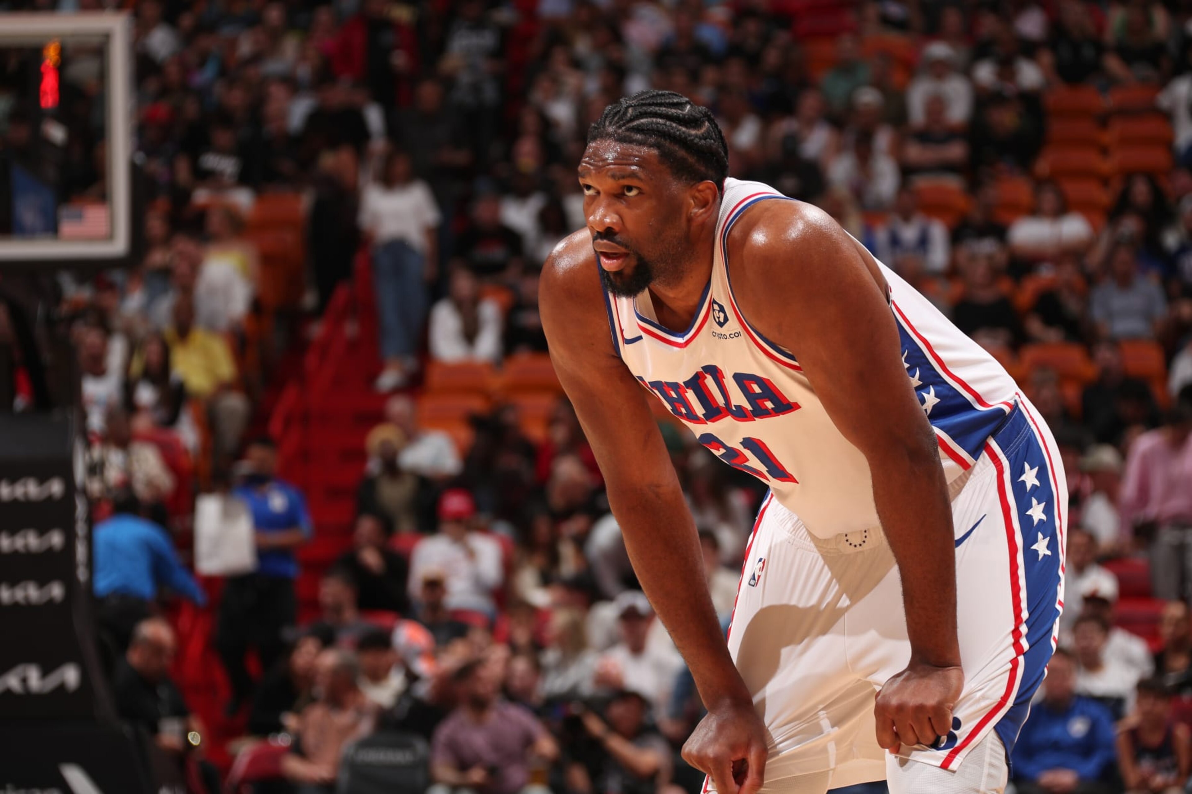 MIAMI, FL - APRIL 4: Joel Embiid #21 of the Philadelphia 76ers looks on during the game against the Miami Heat on April 4, 2024 at Kaseya Center in Miami, Florida. NOTE TO USER: User expressly acknowledges and agrees that, by downloading and or using this Photograph, user is consenting to the terms and conditions of the Getty Images License Agreement. Mandatory Copyright Notice: Copyright 2024 NBAE (Photo by Issac Baldizon/NBAE via Getty Images)