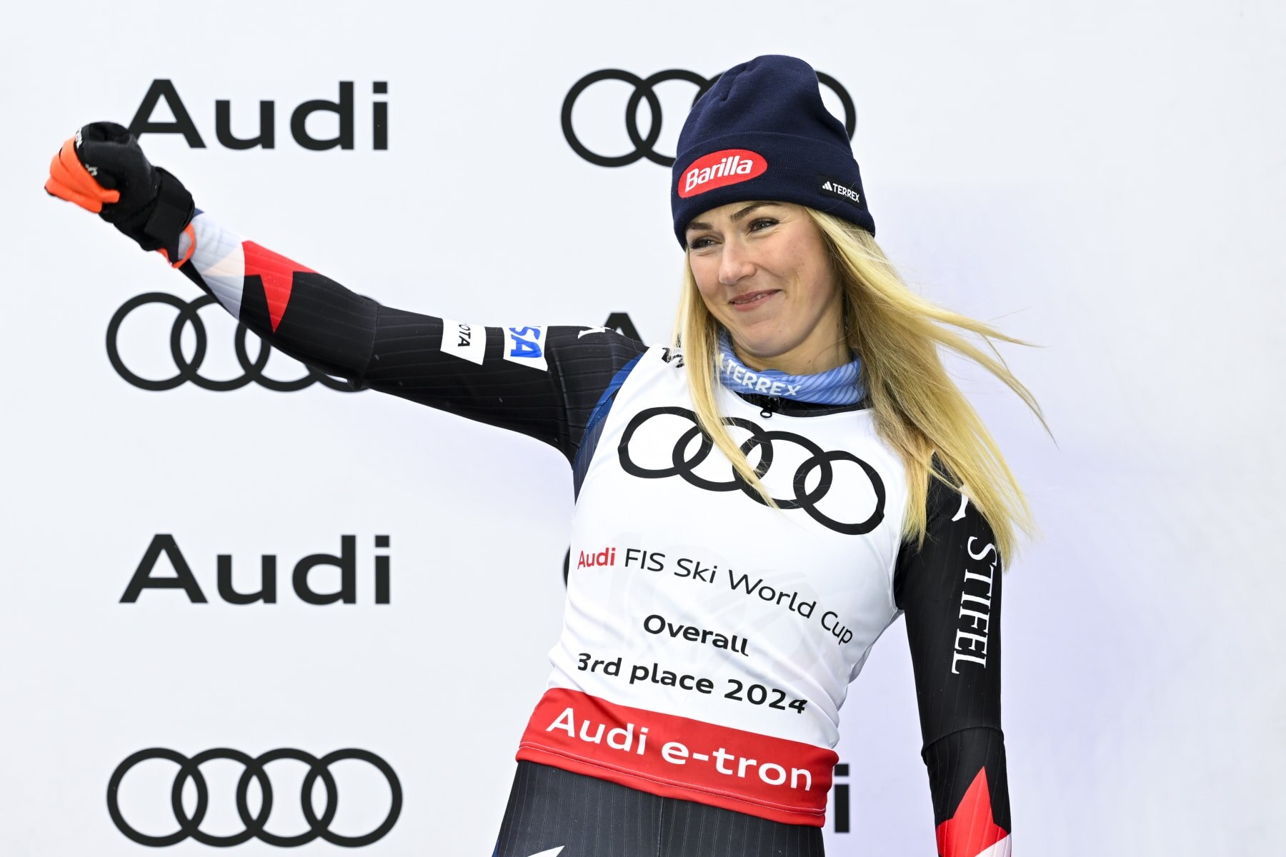 SAALBACH, AUSTRIA - MARCH 23 : Mikaela Shiffrin of Team United States takes 3rd place in the overall standings during the Audi FIS Alpine Ski World Cup Finals Women on March 23, 2024 in Saalbach Austria. (Photo by Alain Grosclaude/Agence Zoom/Getty Images)