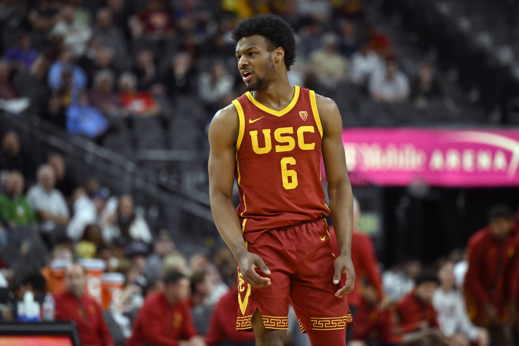 LAS VEGAS, NEVADA - MARCH 13: Bronny James #6 of the USC Trojans looks on in the second half of a first round game against the Washington Huskies in the Pac-12 Conference basketball tournament at T-Mobile Arena on March 13, 2024 in Las Vegas, Nevada. The Trojans defeated the Huskies 80-74.  (Photo by David Becker/Getty Images)