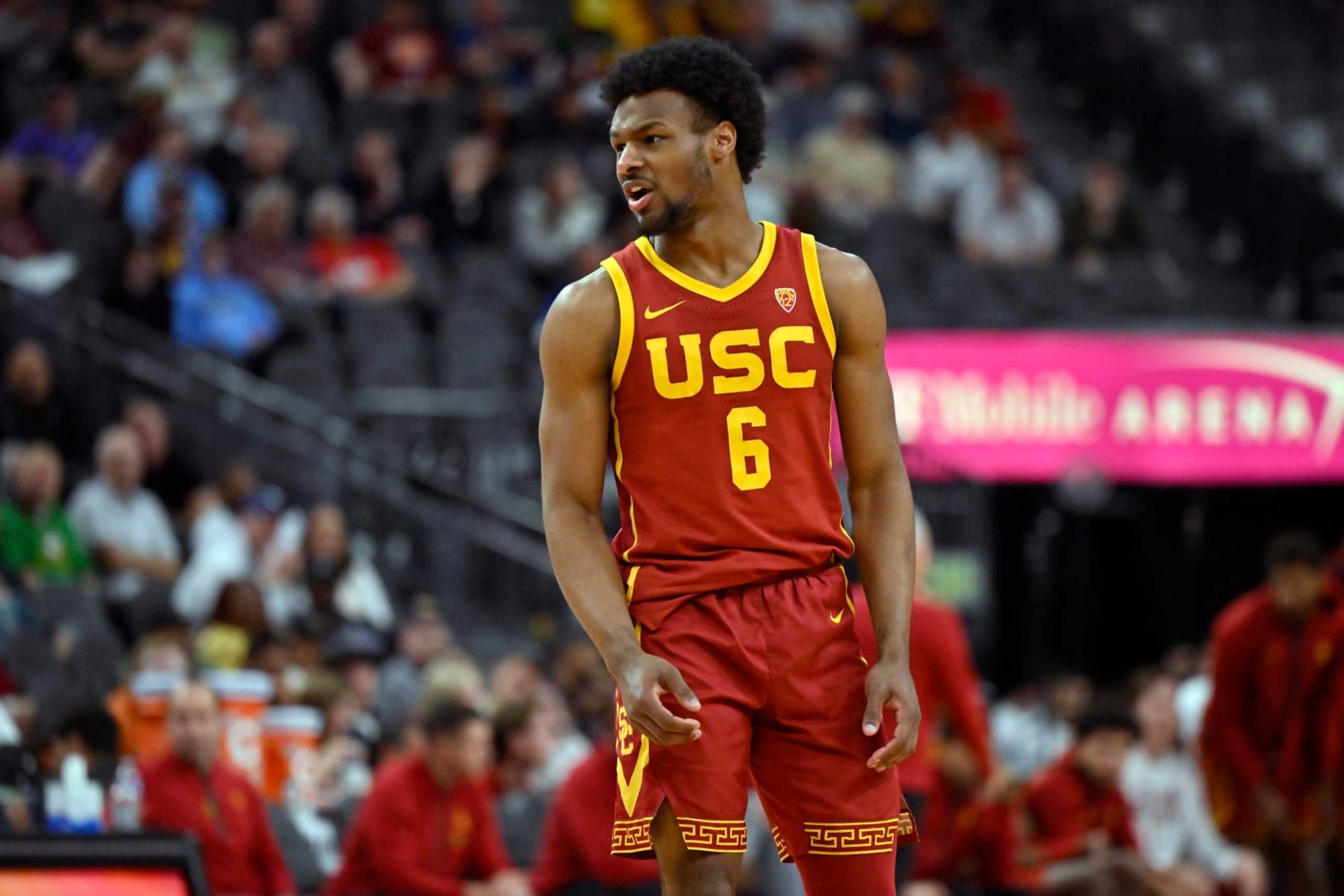 LAS VEGAS, NEVADA - MARCH 13: Bronny James #6 of the USC Trojans looks on in the second half of a first round game against the Washington Huskies in the Pac-12 Conference basketball tournament at T-Mobile Arena on March 13, 2024 in Las Vegas, Nevada. The Trojans defeated the Huskies 80-74.  (Photo by David Becker/Getty Images)