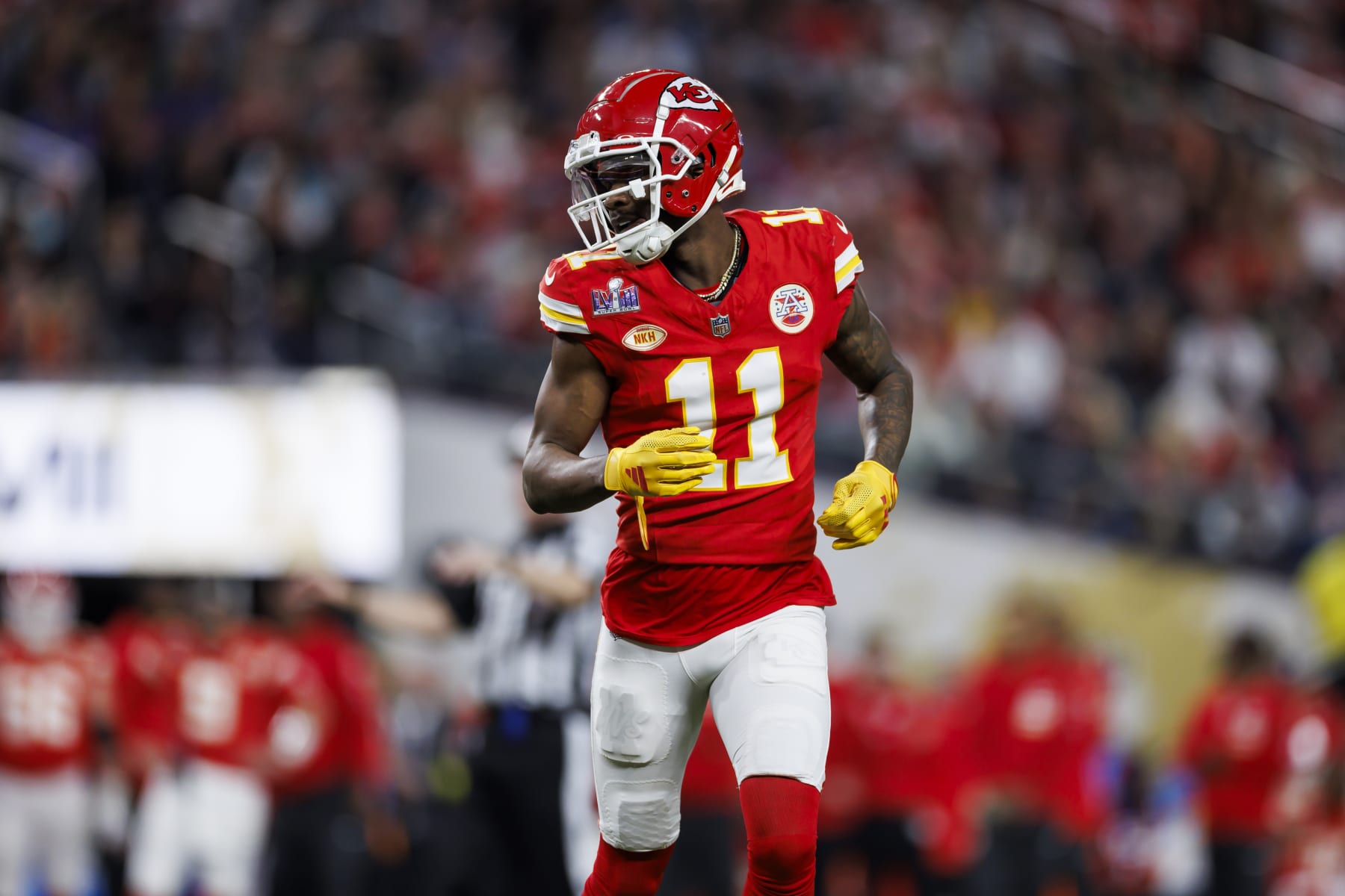 LAS VEGAS, NEVADA - FEBRUARY 11: Marquez Valdes-Scantling #11 of the Kansas City Chiefs lines up to run a route during Super Bowl LVIII against the San Francisco 49ers at Allegiant Stadium on February 11, 2024 in Las Vegas, Nevada. (Photo by Ryan Kang/Getty Images)