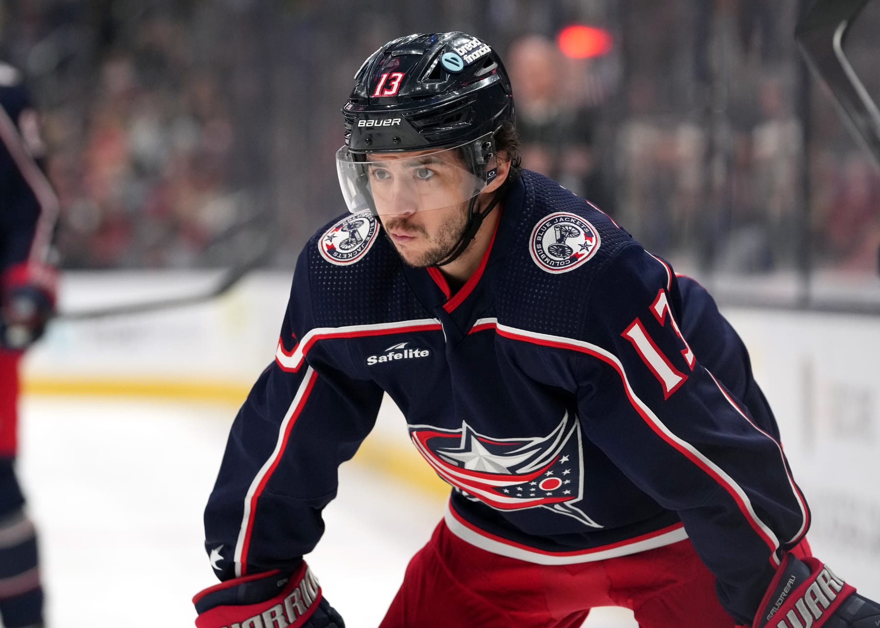 COLUMBUS, OHIO - MARCH 09: Johnny Gaudreau #13 of the Columbus Blue Jackets takes a break during a stoppage in play against the Nashville Predators at Nationwide Arena on March 09, 2024 in Columbus, Ohio. (Photo by Jason Mowry/Getty Images)