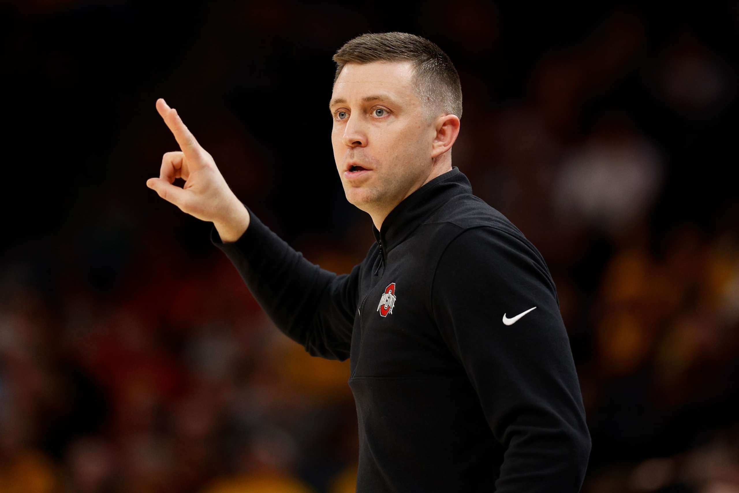 MINNEAPOLIS, MINNESOTA - MARCH 14: Interim head coach Jake Diebler of the Ohio State Buckeyes gestures during the game against the Iowa Hawkeyes in the first half in the Second Round of the Big Ten Tournament at Target Center on March 14, 2024 in Minneapolis, Minnesota. (Photo by David Berding/Getty Images)