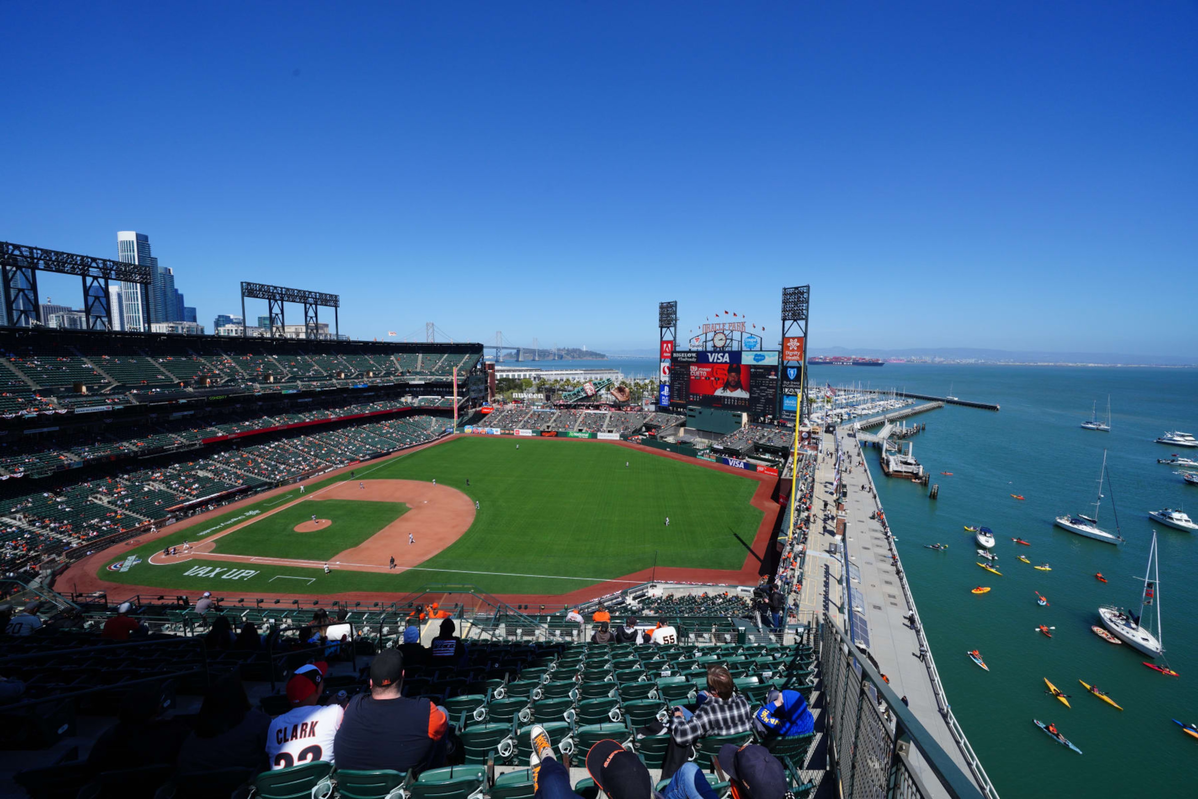 SAN FRANCISCO, CA - APRIL 09: A general view of Oracle Park and McCovey Cove during the game between the Colorado Rockies and the San Francisco Giants at Oracle Park on Friday, April 9, 2021 in San Francisco, California. (Photo by Daniel Shirey/MLB Photos via Getty Images) SAN FRANCISCO, CA - APRIL 09: A general view of Oracle Park and McCovey Cove during the game between the Colorado Rockies and the San Francisco Giants at Oracle Park on Friday, April 9, 2021 in San Francisco, California. (Photo by Daniel Shirey/MLB Photos via Getty Images)