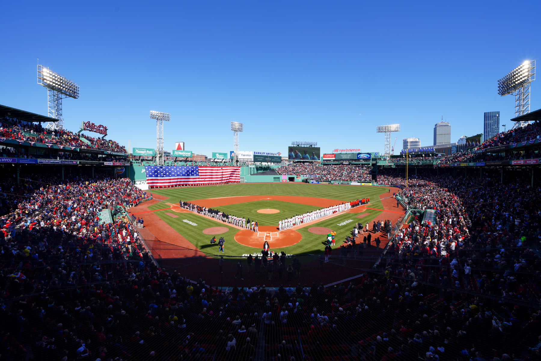 BOSTON, MA - MARCH 30: General view of Fenway Park during the national anthem before the game between the Baltimore Orioles and the Boston Red Sox at Fenway Park on Thursday, March 30, 2023 in Boston, Massachusetts. (Photo by Daniel Shirey/MLB Photos via Getty Images)