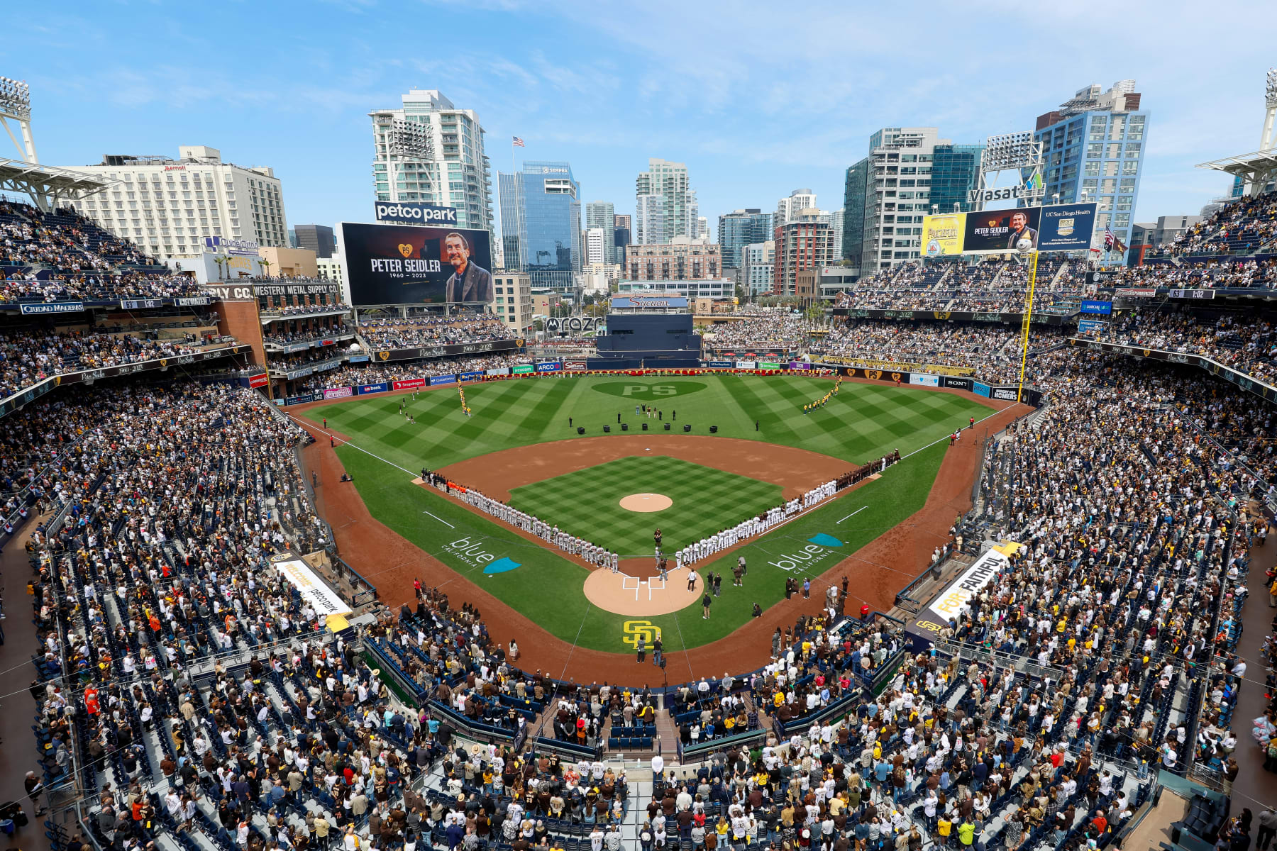 SAN DIEGO, CALIFORNIA - MARCH 28: General view of PETCO Park during the honoring of former San Diego Padres owner Peter Seidler prior to an Opening Day game against the San Francisco Giants at PETCO Park on March 28, 2024 in San Diego, California. (Photo by Brandon Sloter/Getty Images)